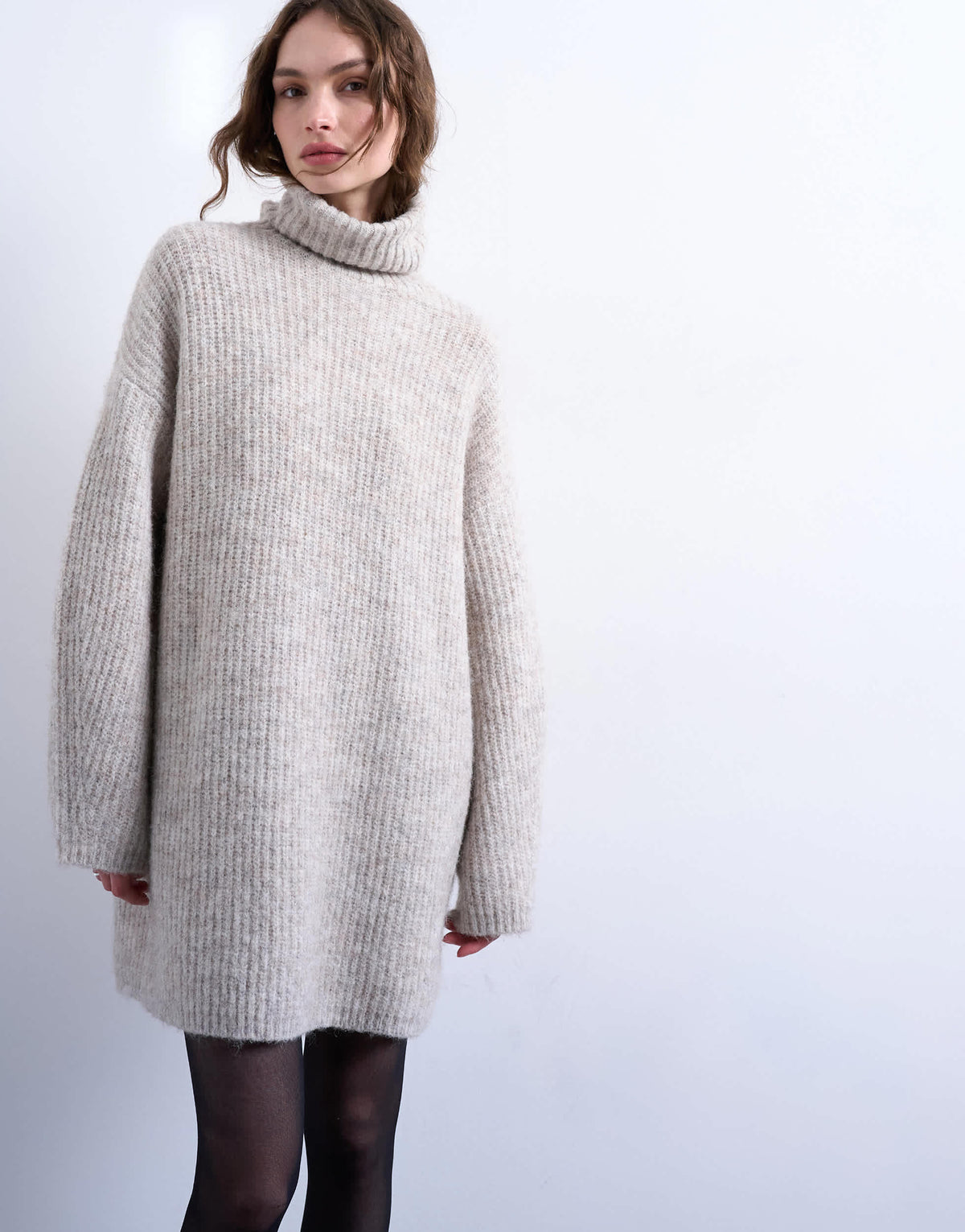Topshop knitted roll neck mini dress in oat