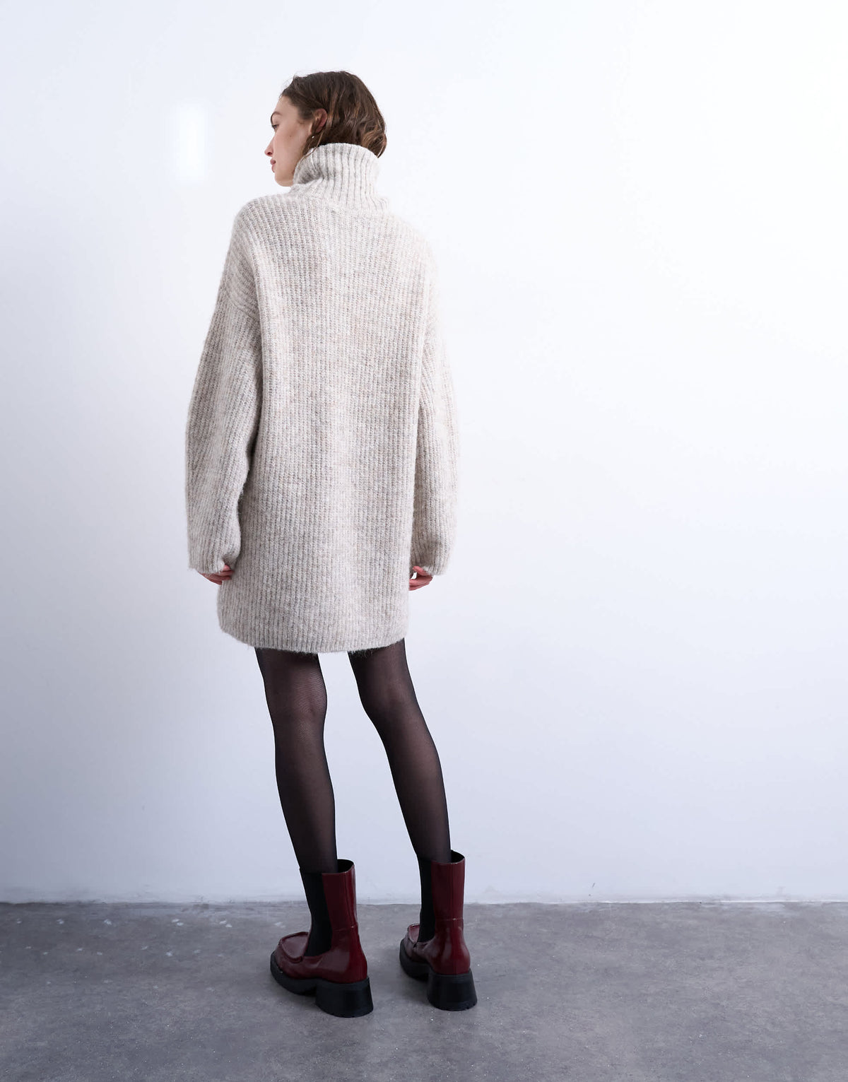 Topshop knitted roll neck mini dress in oat