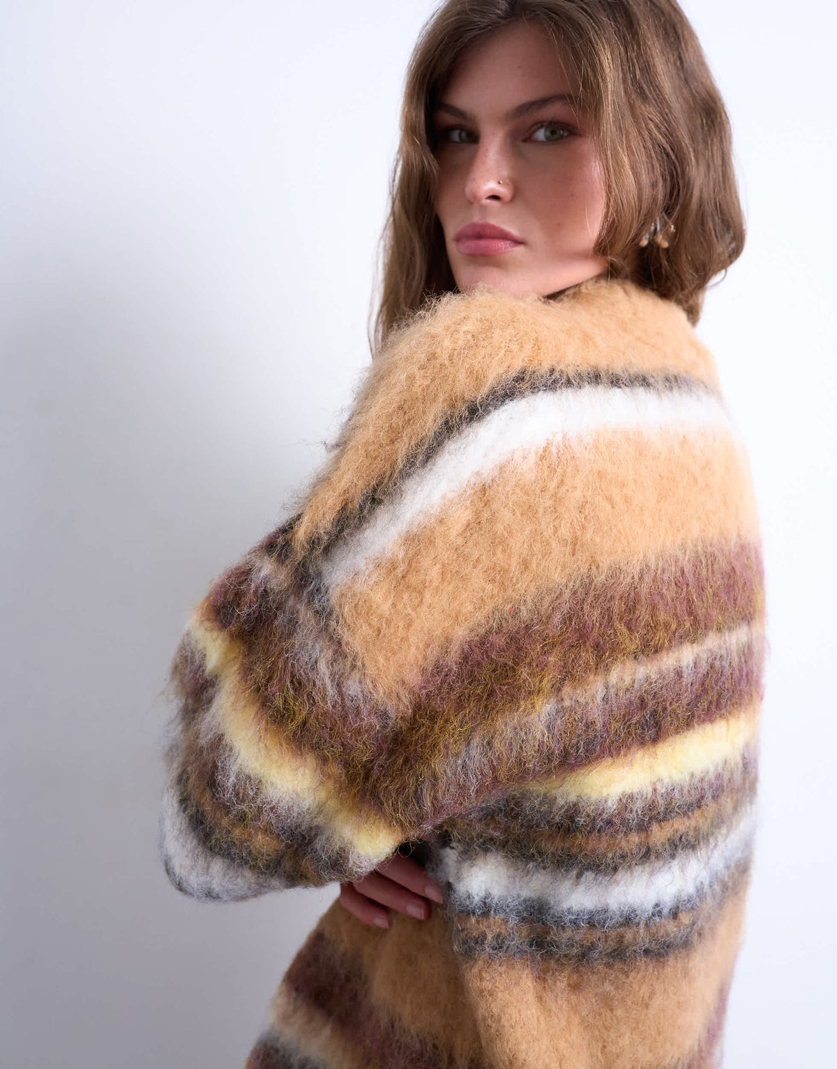 Topshop knitted oversized stripe jumper in neutral