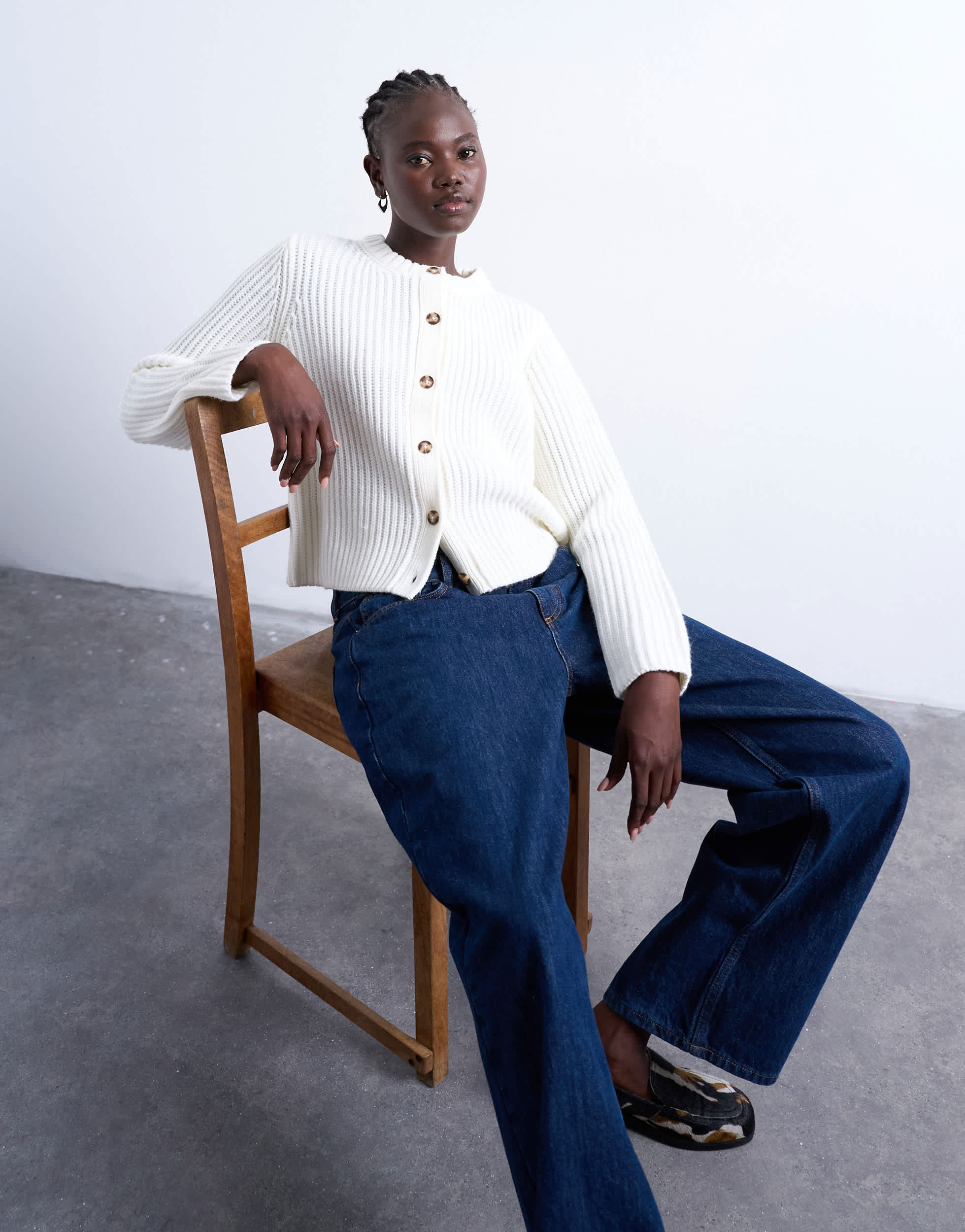 Topshop knitted ribbed crew relaxed button cardigan in white