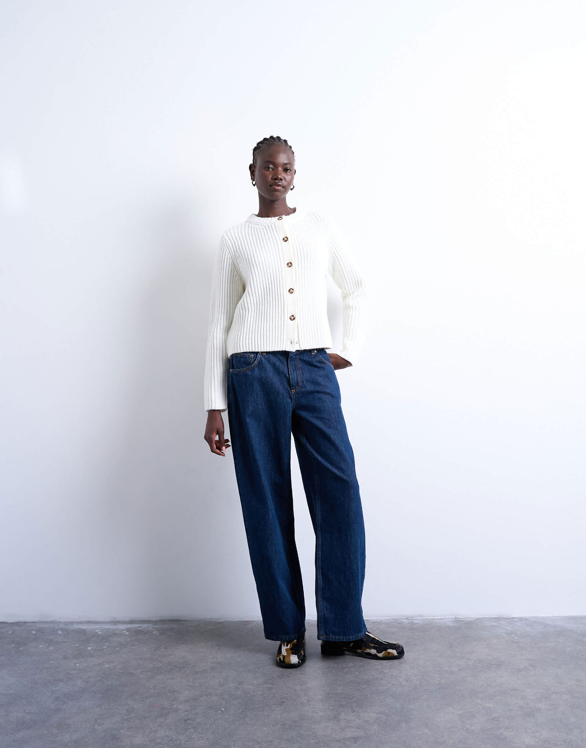 Topshop knitted ribbed crew relaxed button cardigan in white