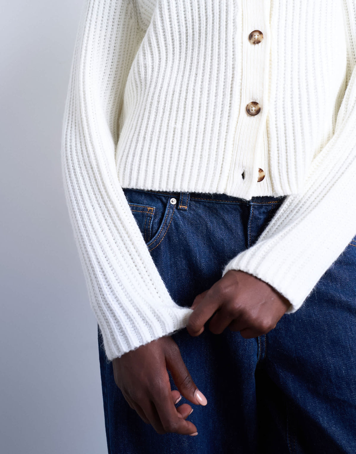 Topshop knitted ribbed crew relaxed button cardigan in white