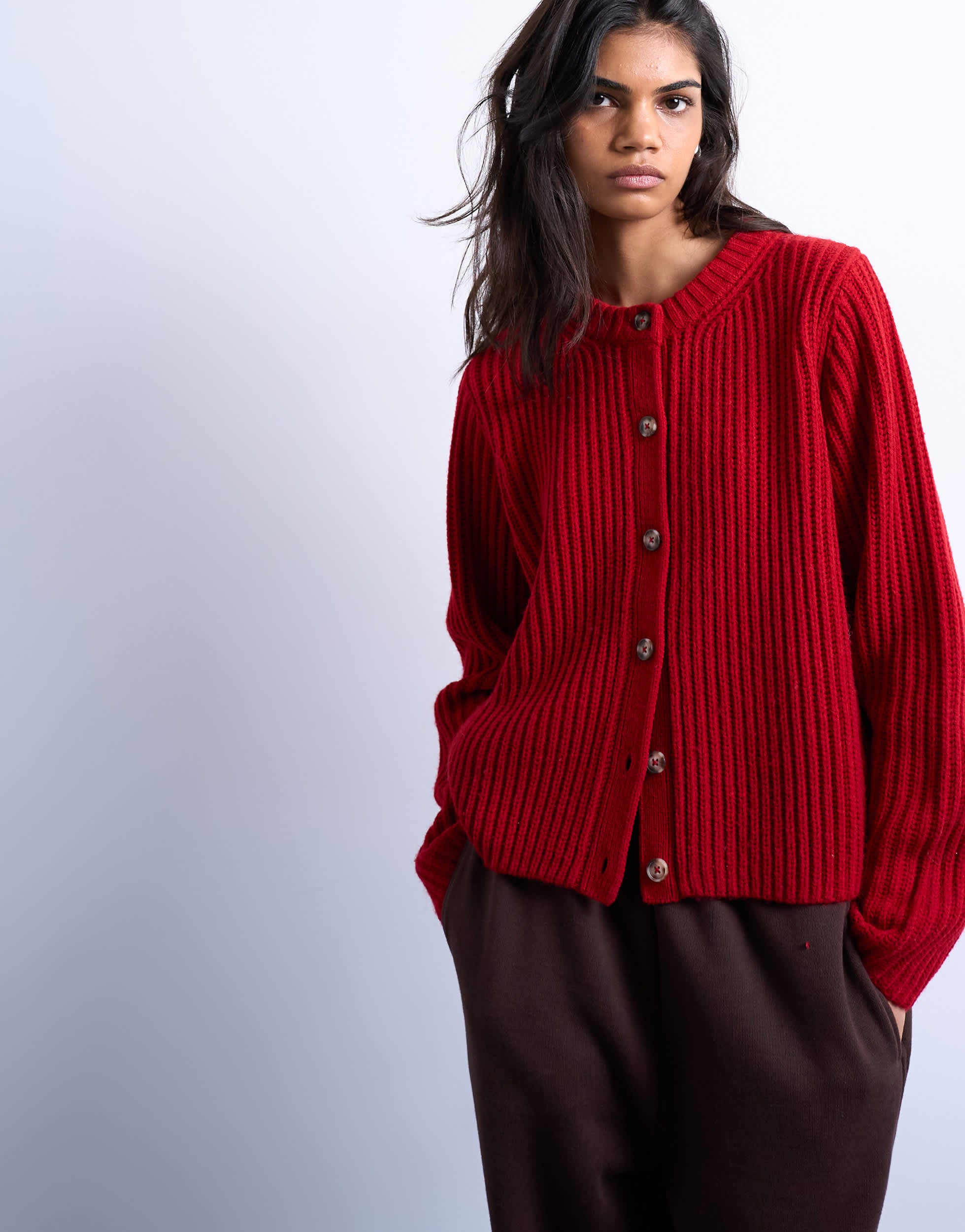 Topshop knitted ribbed crew relaxed button cardigan in red