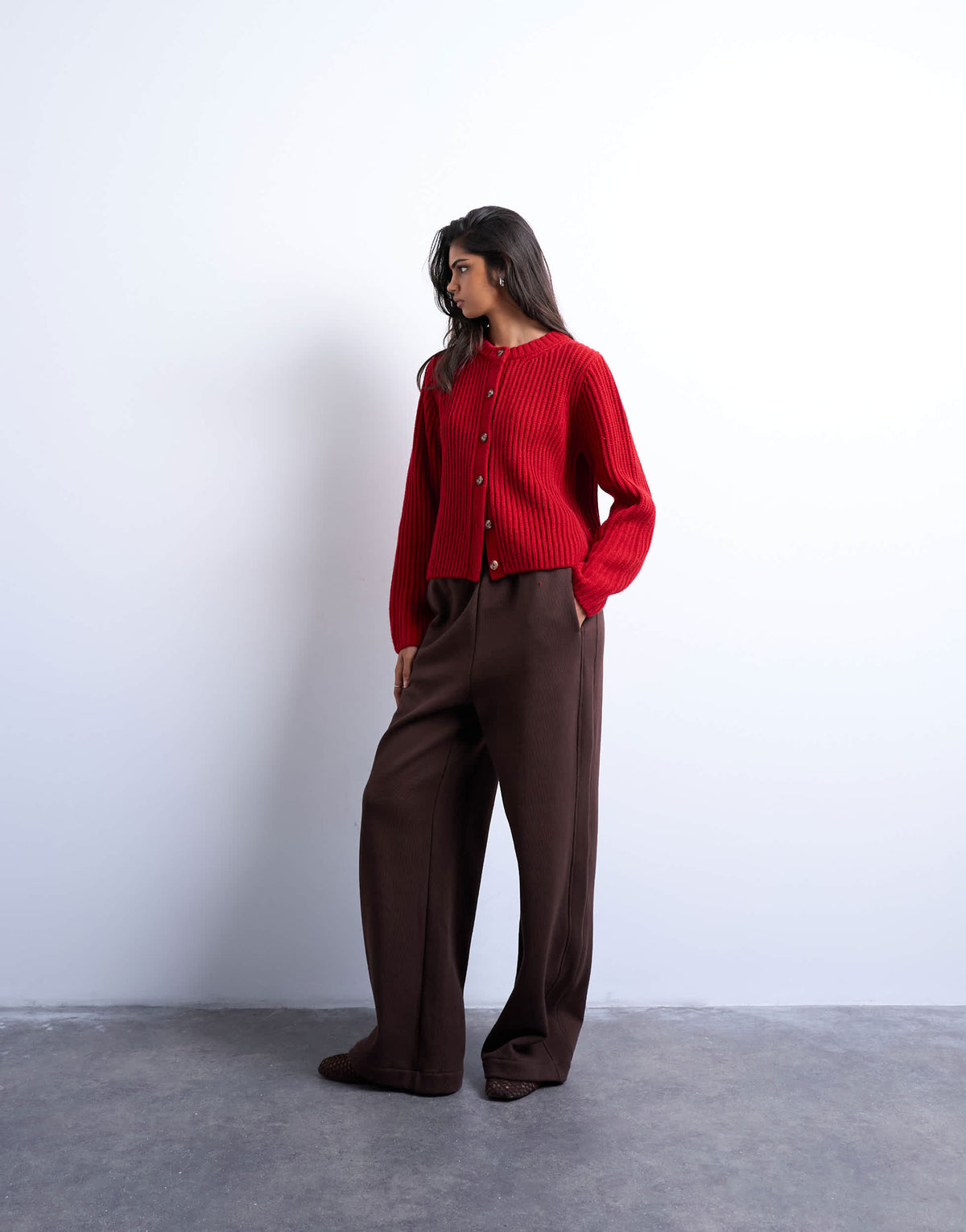 Topshop knitted ribbed crew relaxed button cardigan in red
