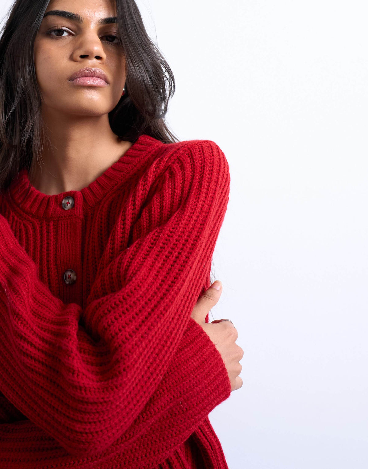 Topshop knitted ribbed crew relaxed button cardigan in red
