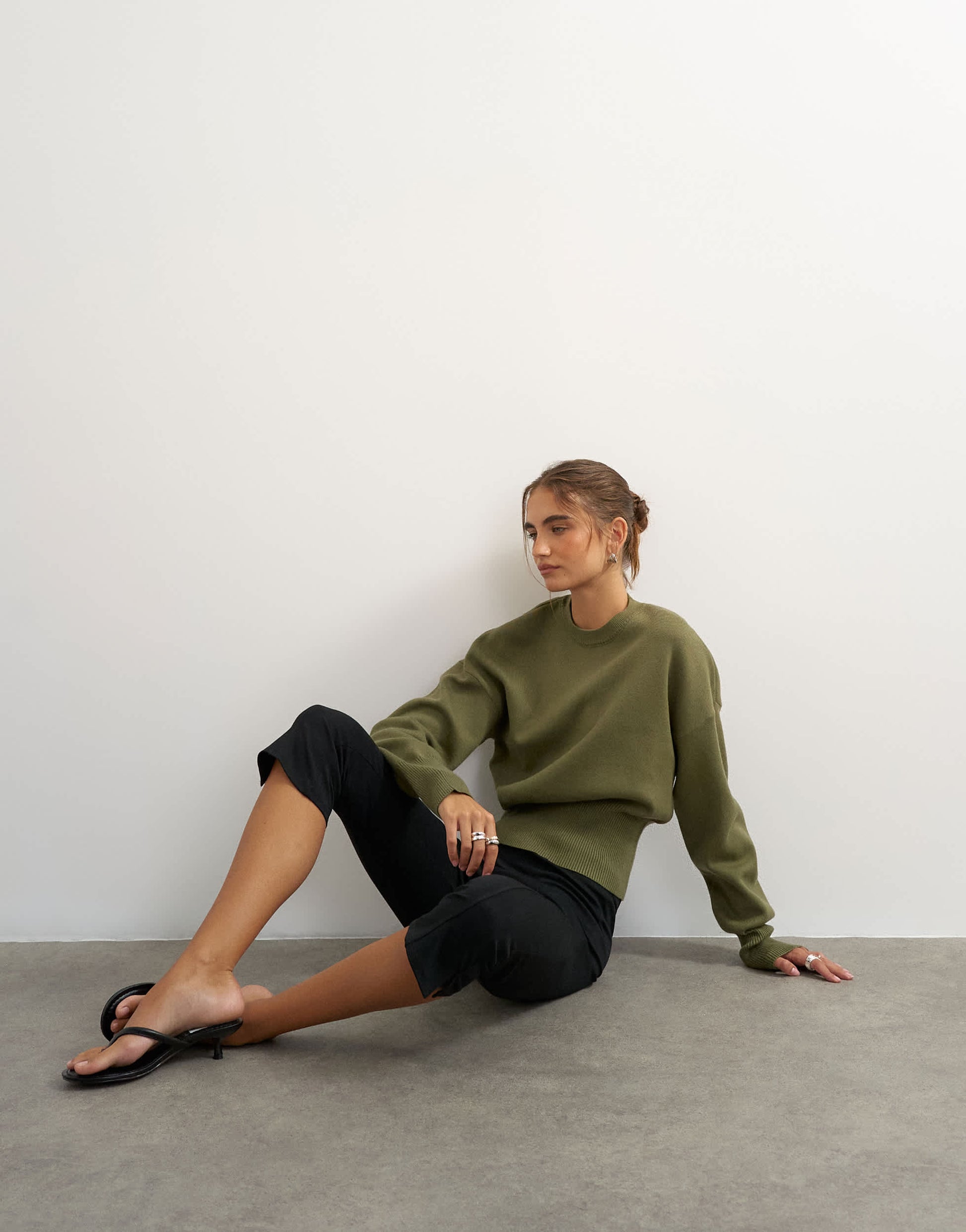 Topshop knitted clean cinch waist batwing sleeve jumper in khaki