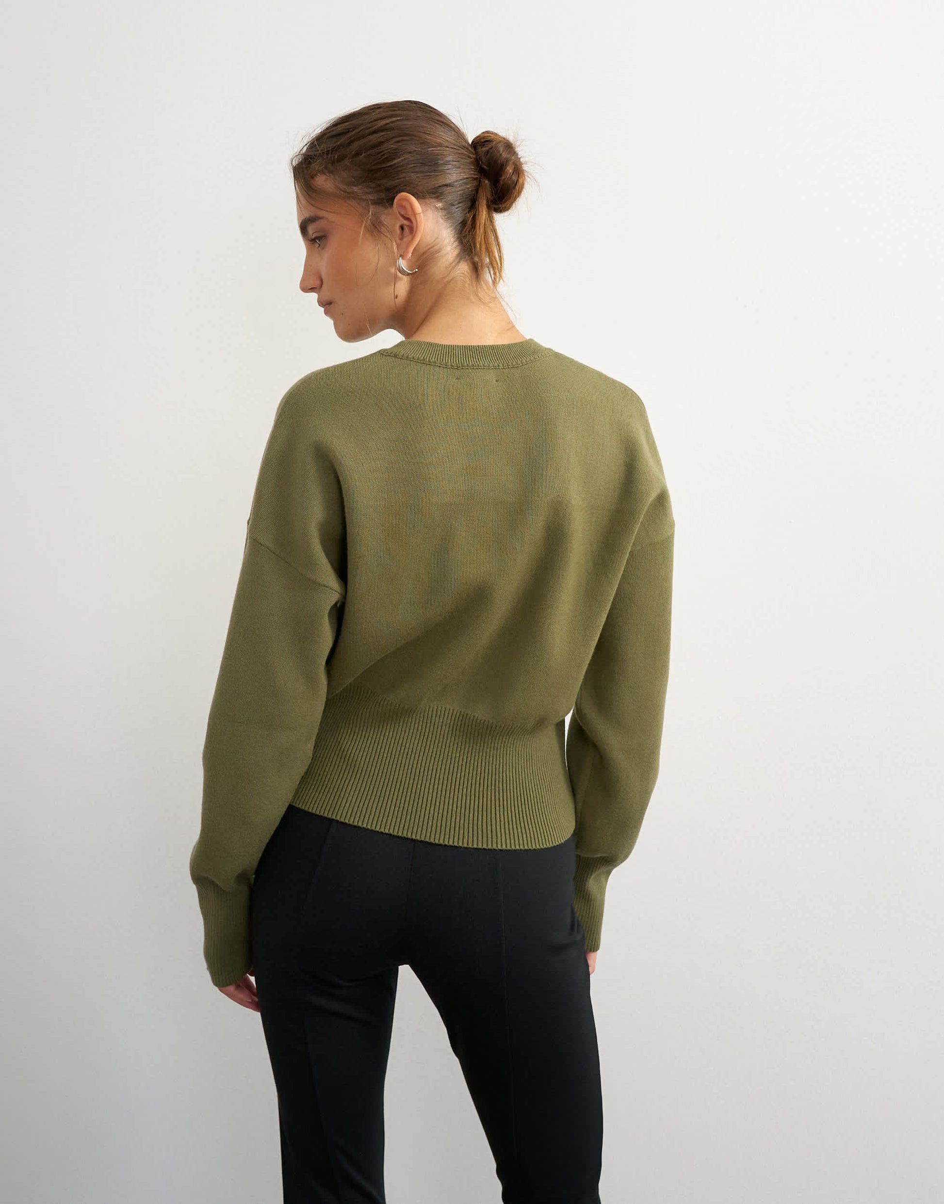 Topshop knitted clean cinch waist batwing sleeve jumper in khaki