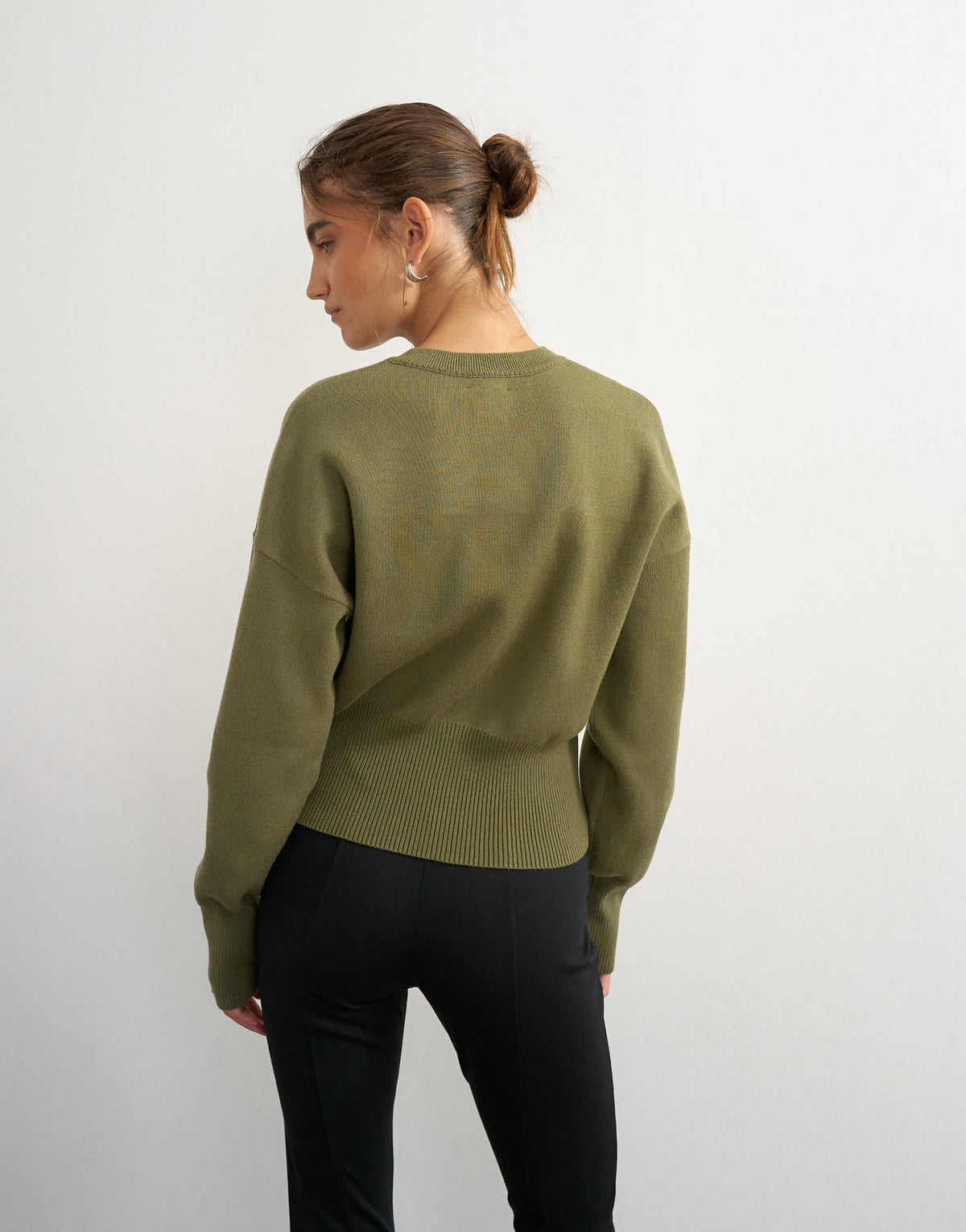Topshop knitted clean cinch waist batwing sleeve jumper in khaki