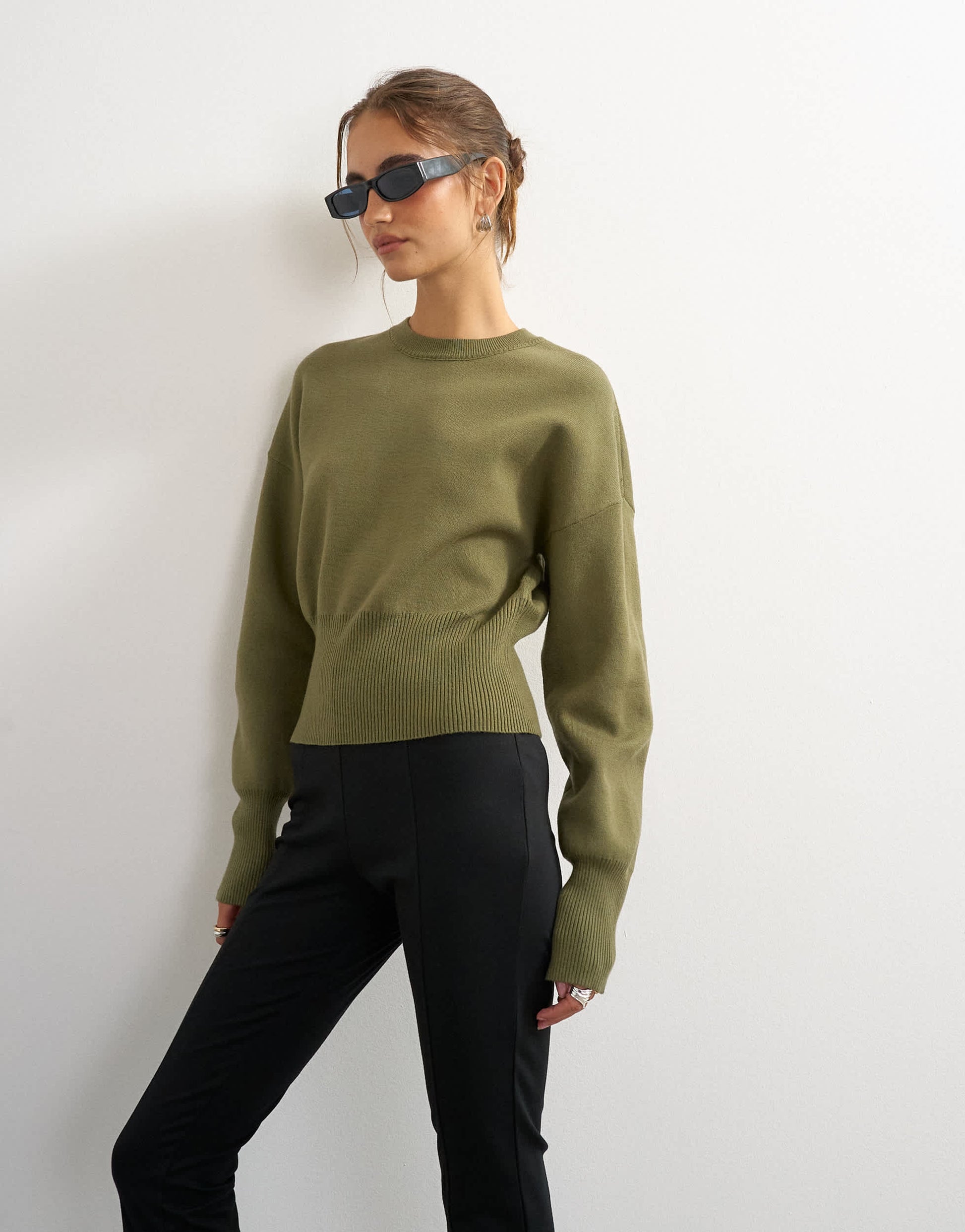 Topshop knitted clean cinch waist batwing sleeve jumper in khaki