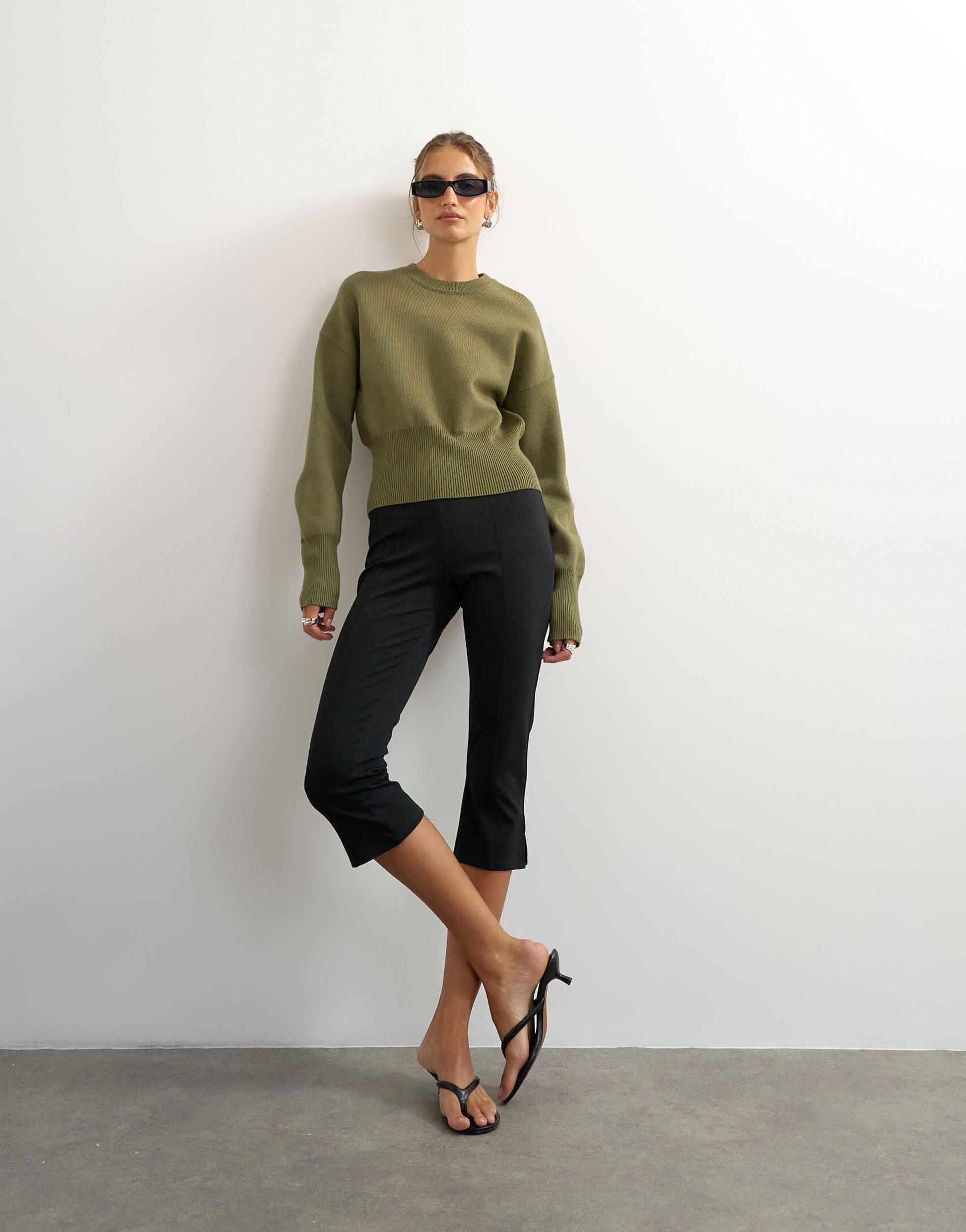 Topshop knitted clean cinch waist batwing sleeve jumper in khaki
