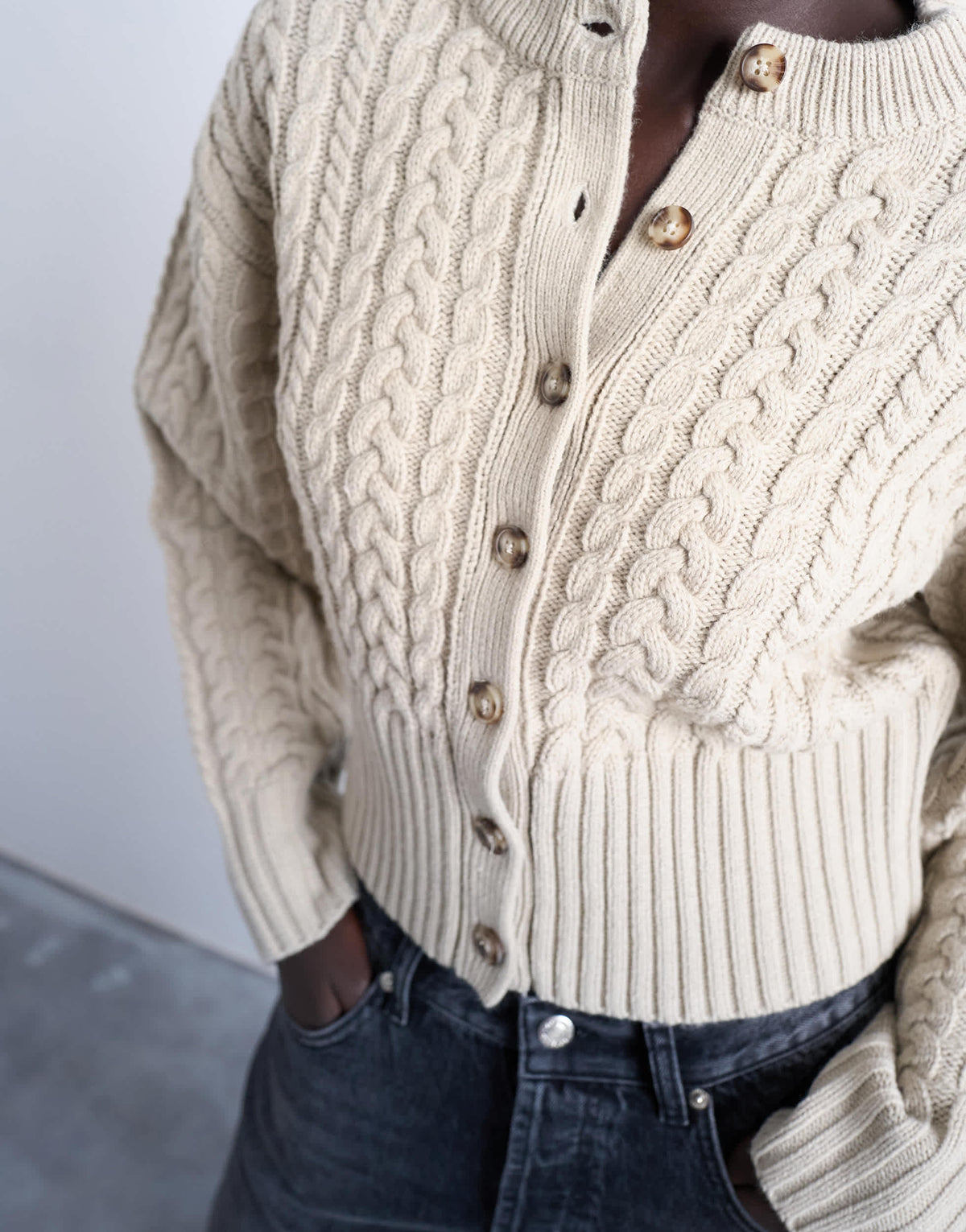 Topshop knitted cable fitted waist cardigan in oat