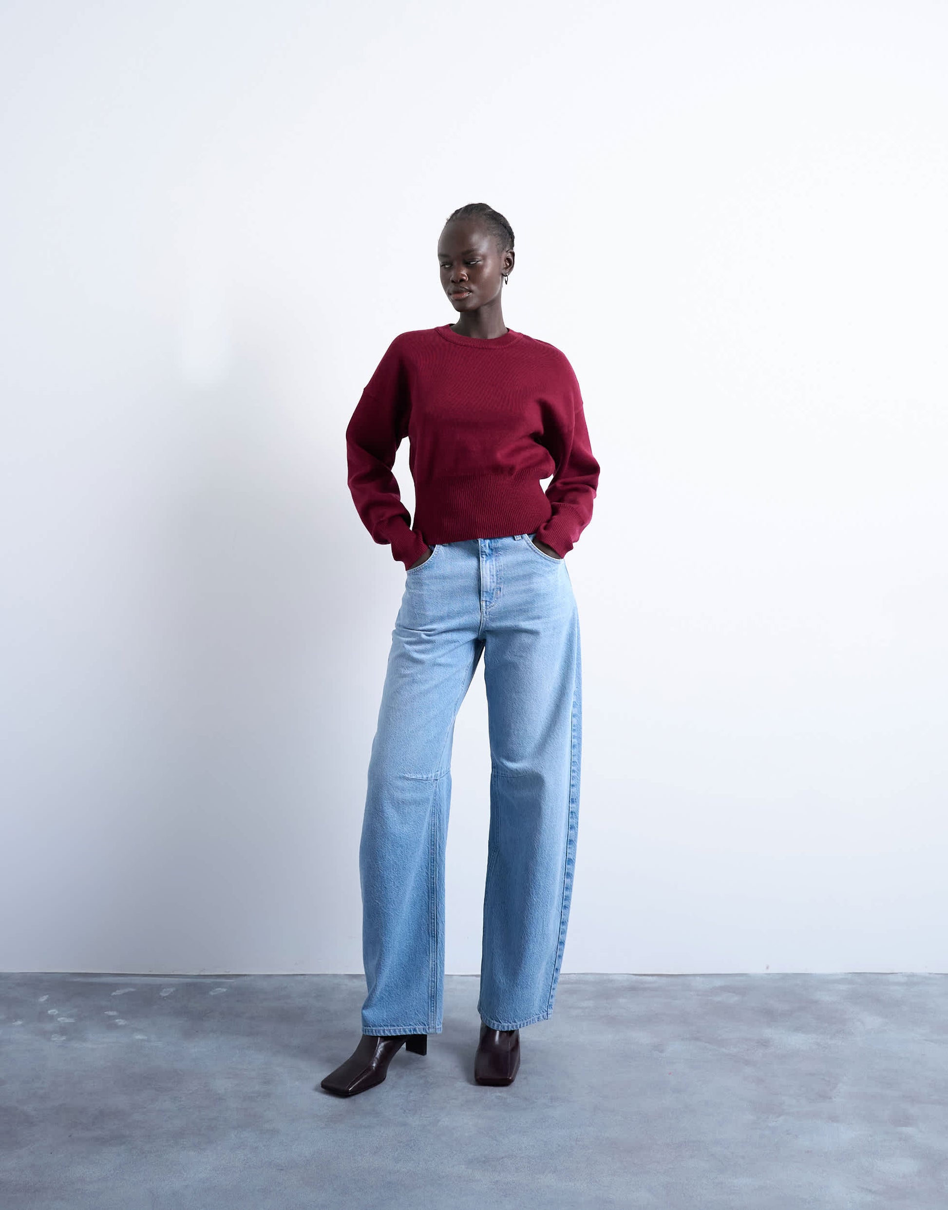 Topshop knitted compact fitted waist jumper in burgundy