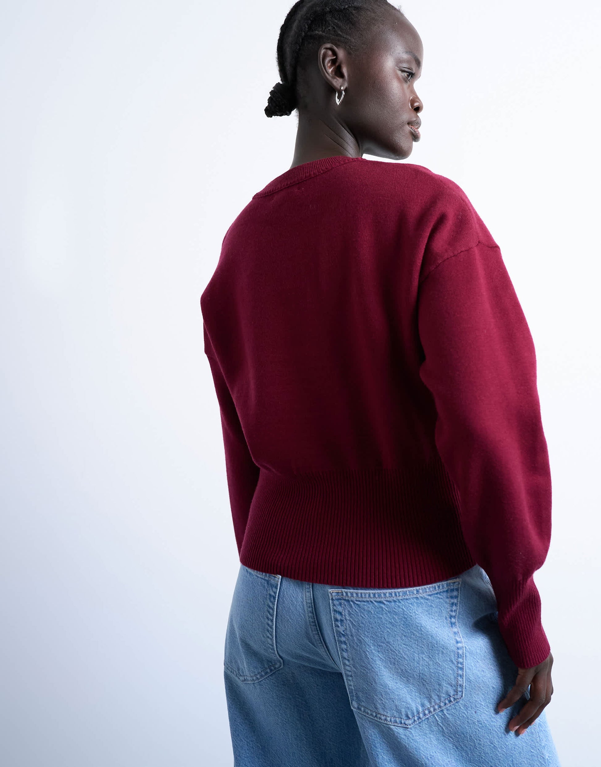 Topshop knitted compact fitted waist jumper in burgundy