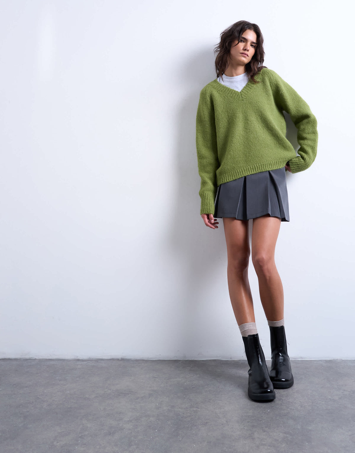 Topshop knitted wool blend fluffy v neck jumper in green