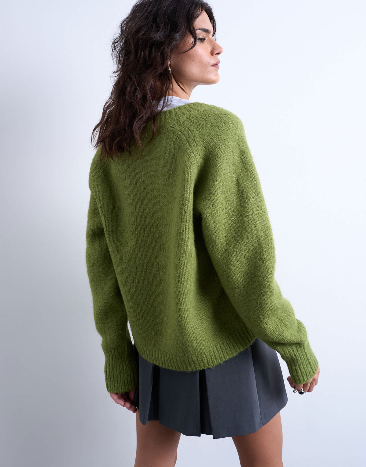 Topshop knitted wool blend fluffy v neck jumper in green