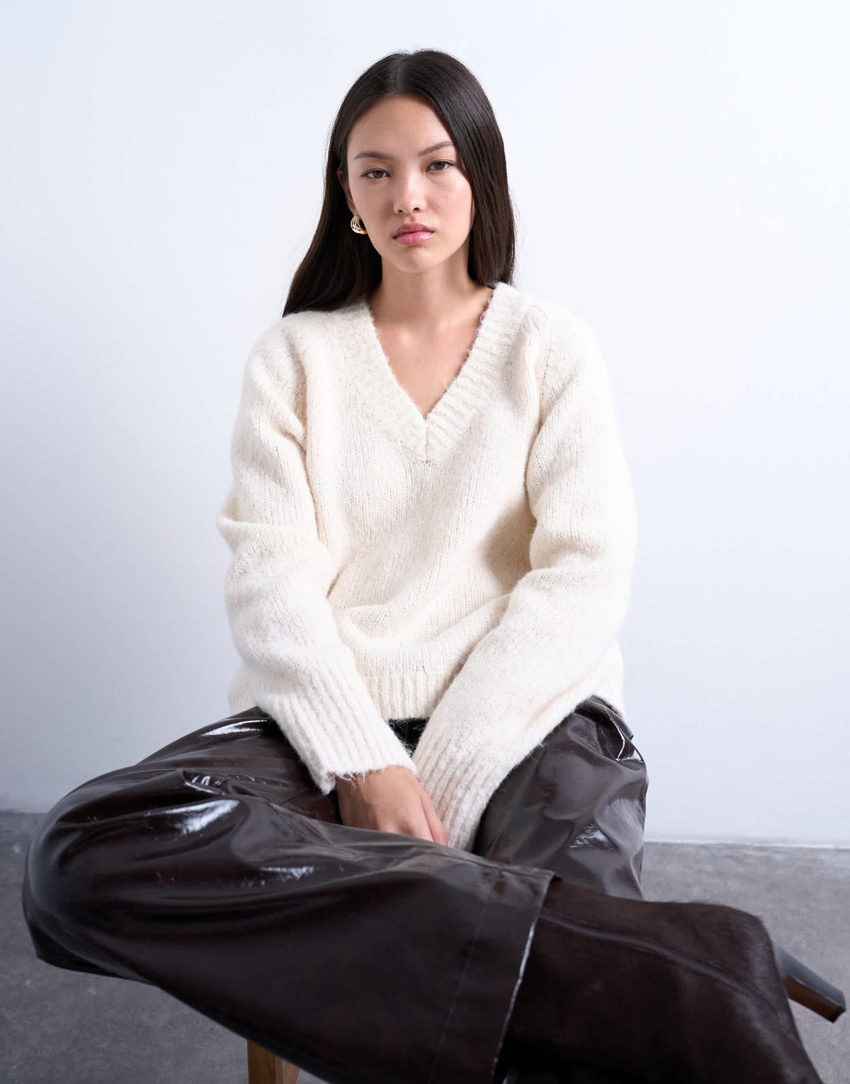 Topshop knitted wool blend fluffy v neck jumper in white