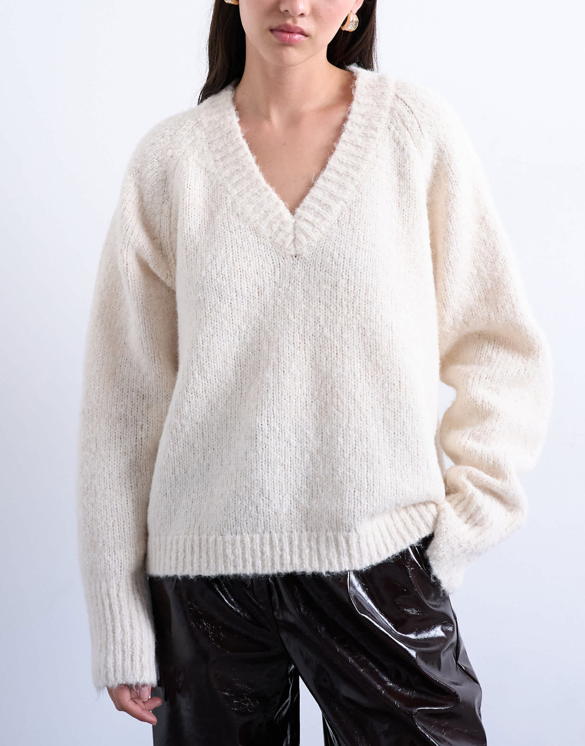 Topshop knitted wool blend fluffy v neck jumper in white