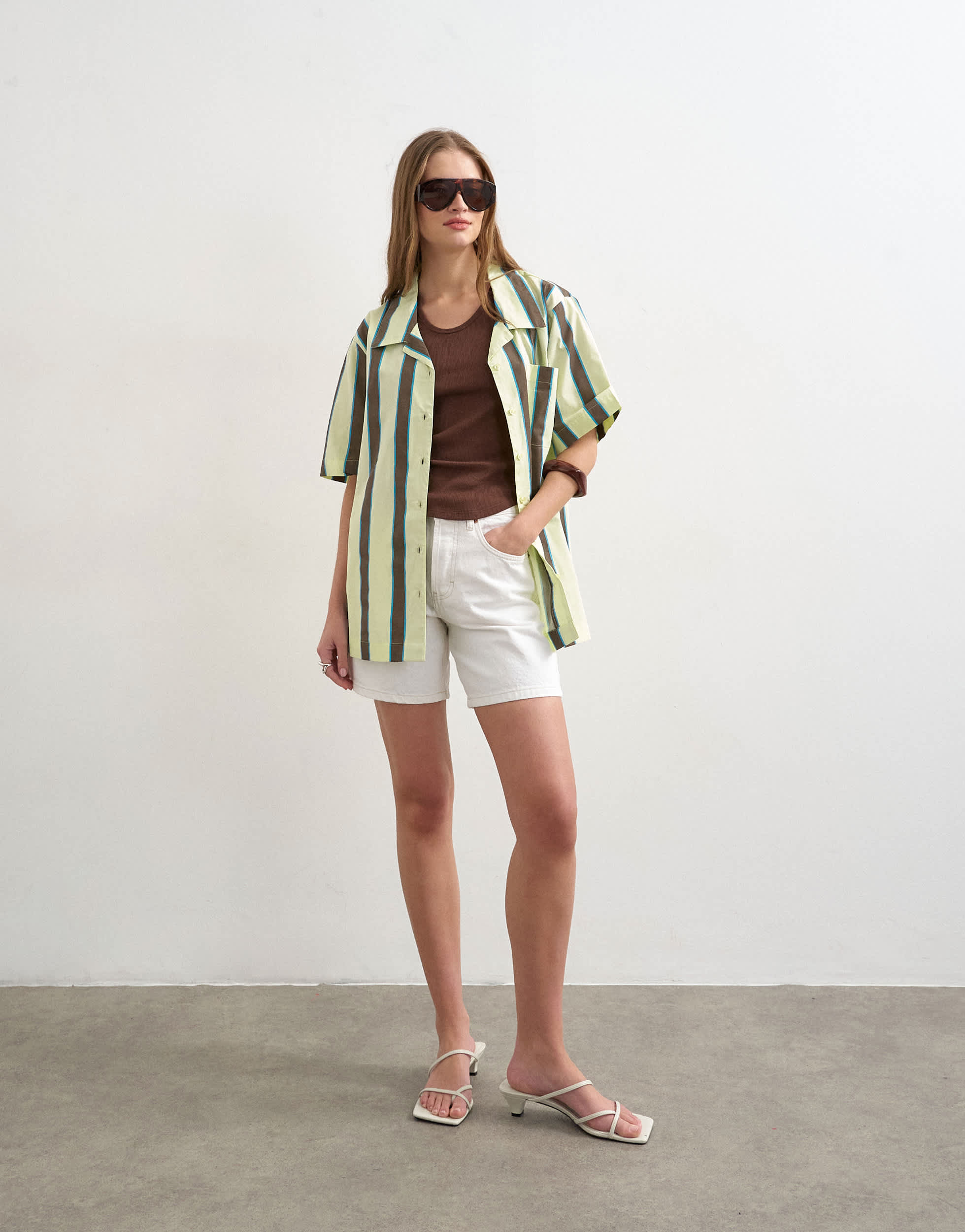 Topshop linen resort shirt in lime and chocolate stripe