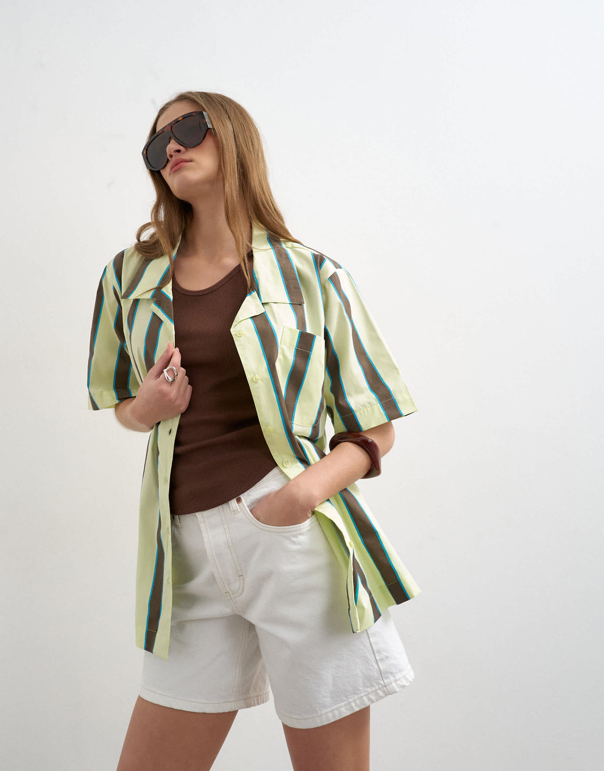 Topshop linen resort shirt in lime and chocolate stripe