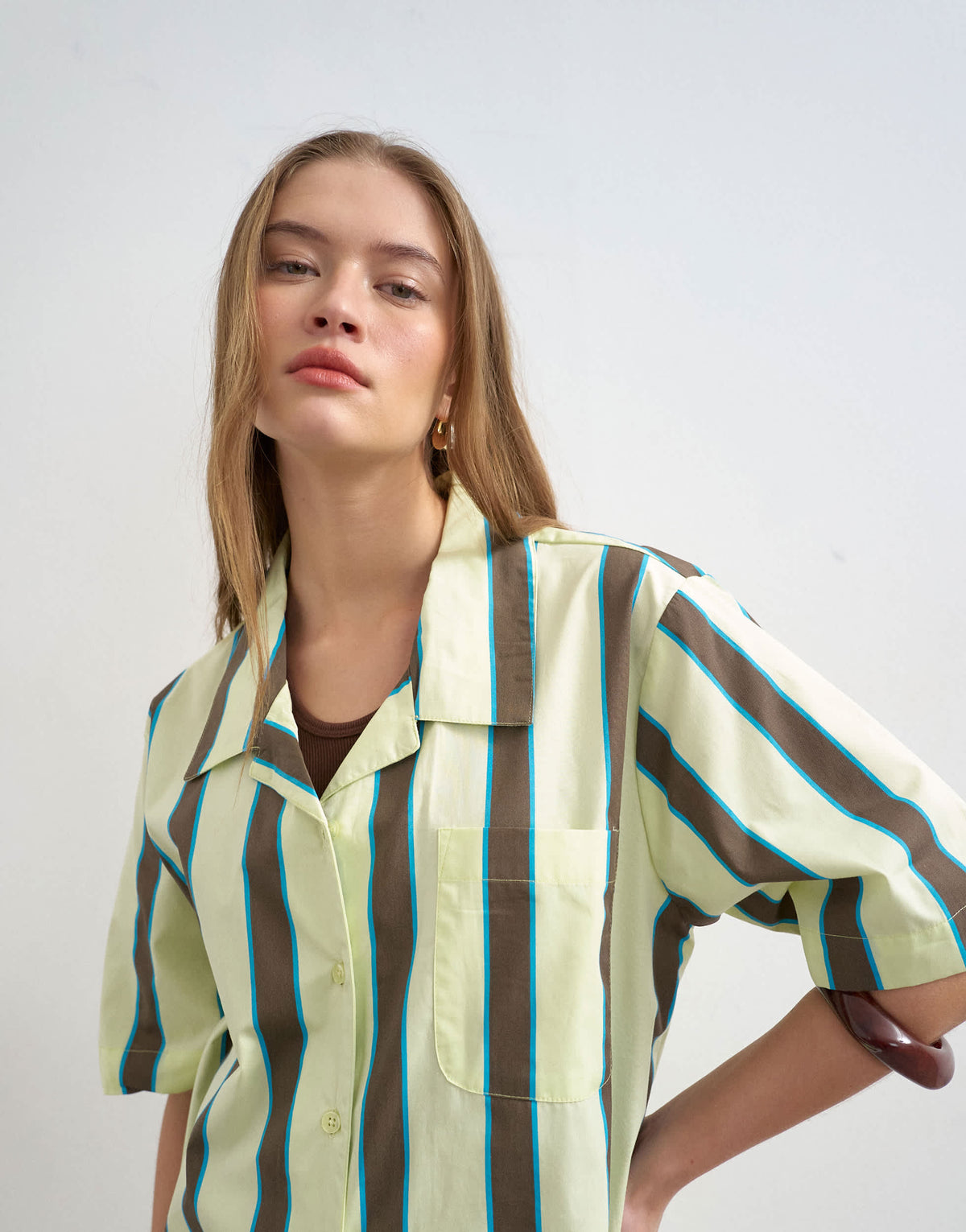 Topshop linen resort shirt in lime and chocolate stripe