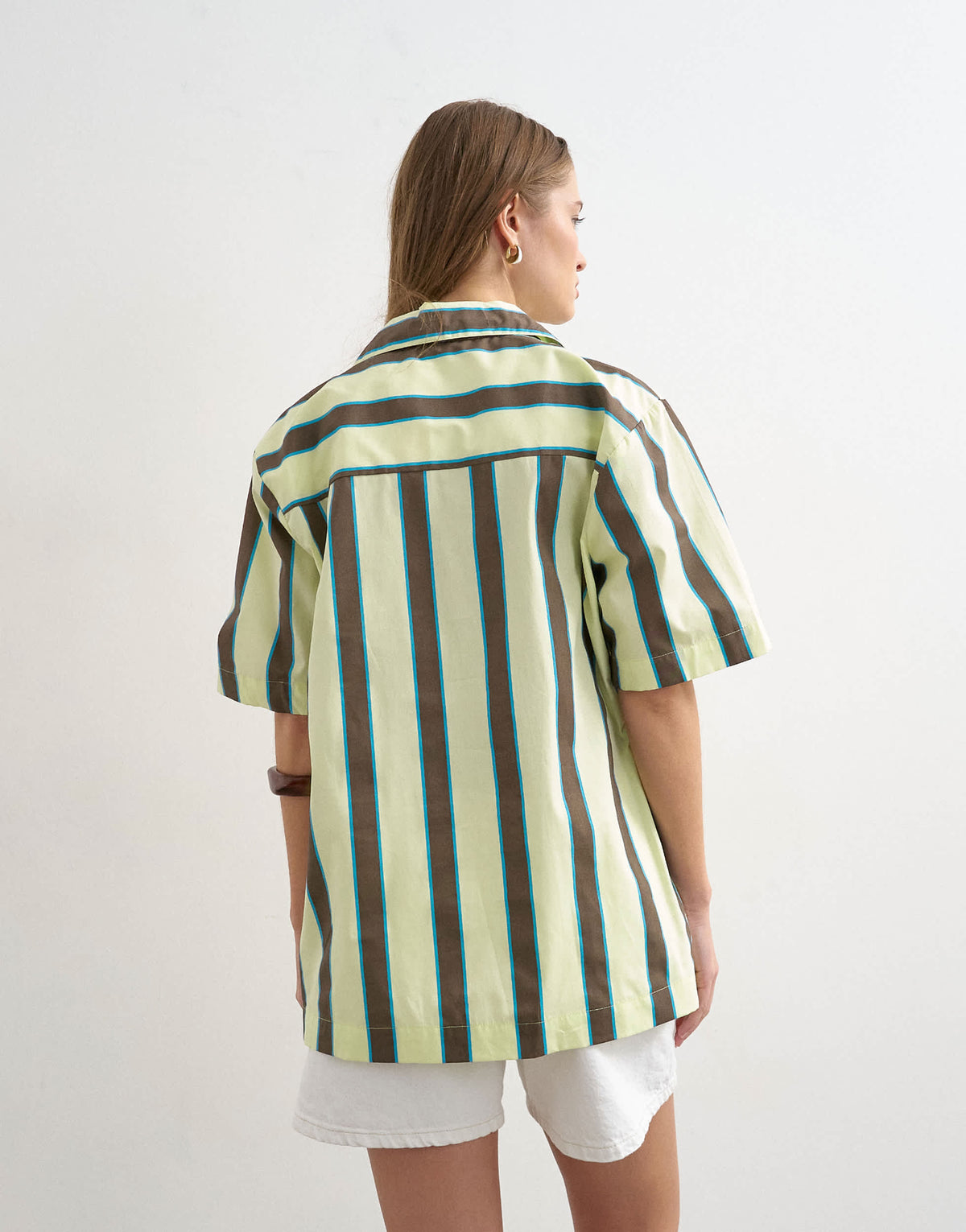 Topshop linen resort shirt in lime and chocolate stripe