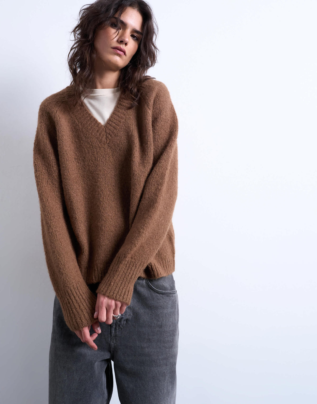 Topshop knitted wool blend fluffy v neck jumper in brown