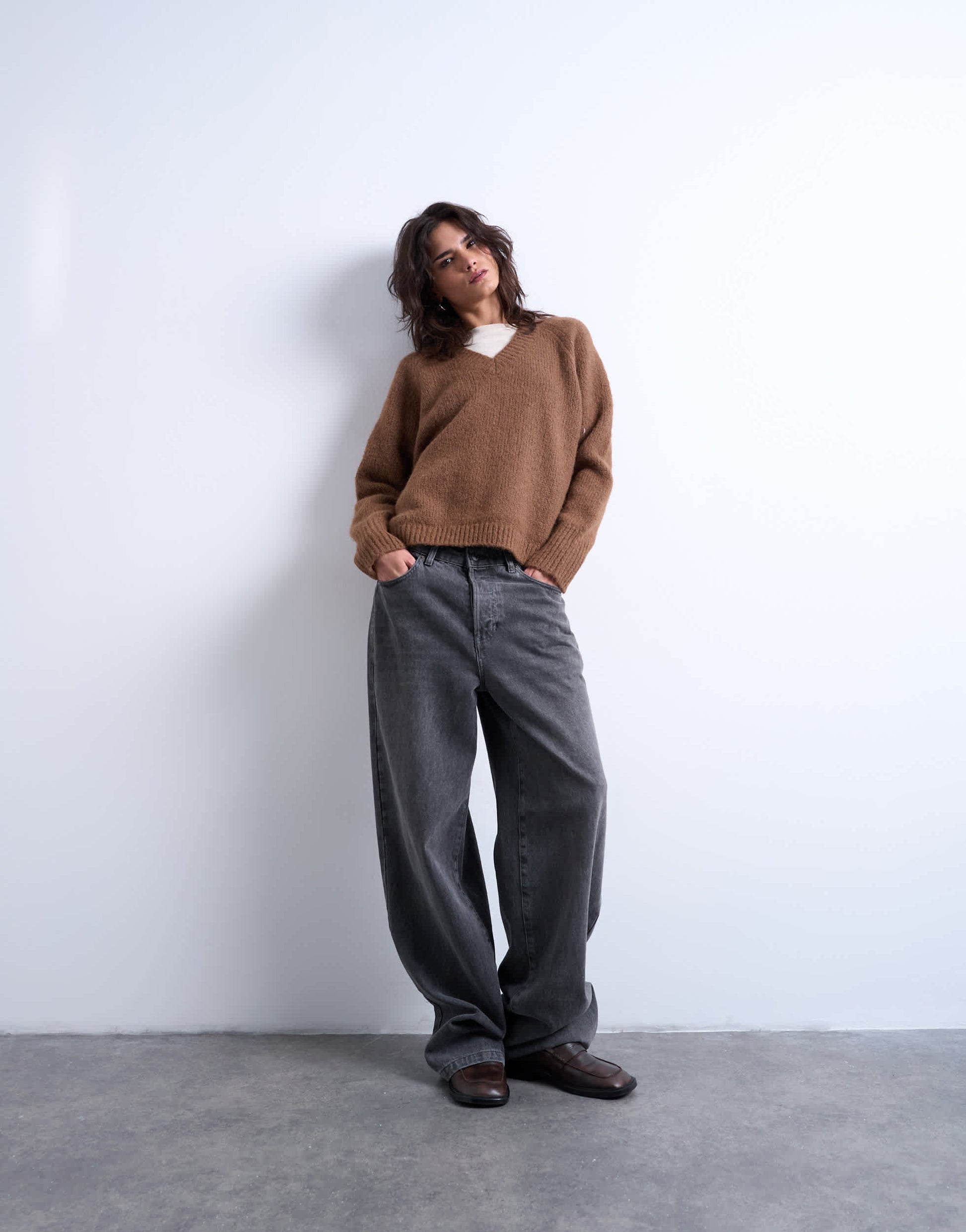 Topshop knitted wool blend fluffy v neck jumper in brown