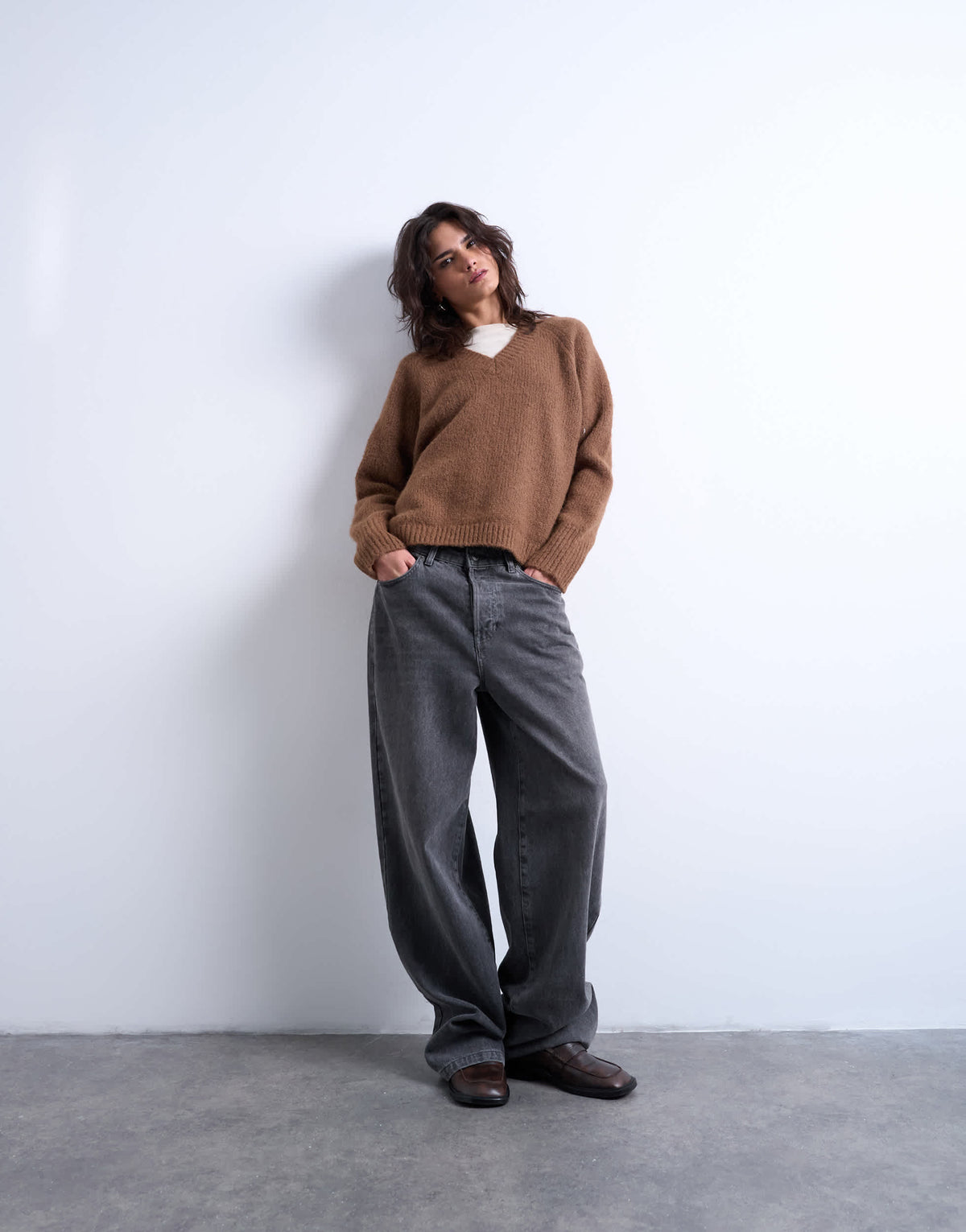 Topshop knitted wool blend fluffy v neck jumper in brown