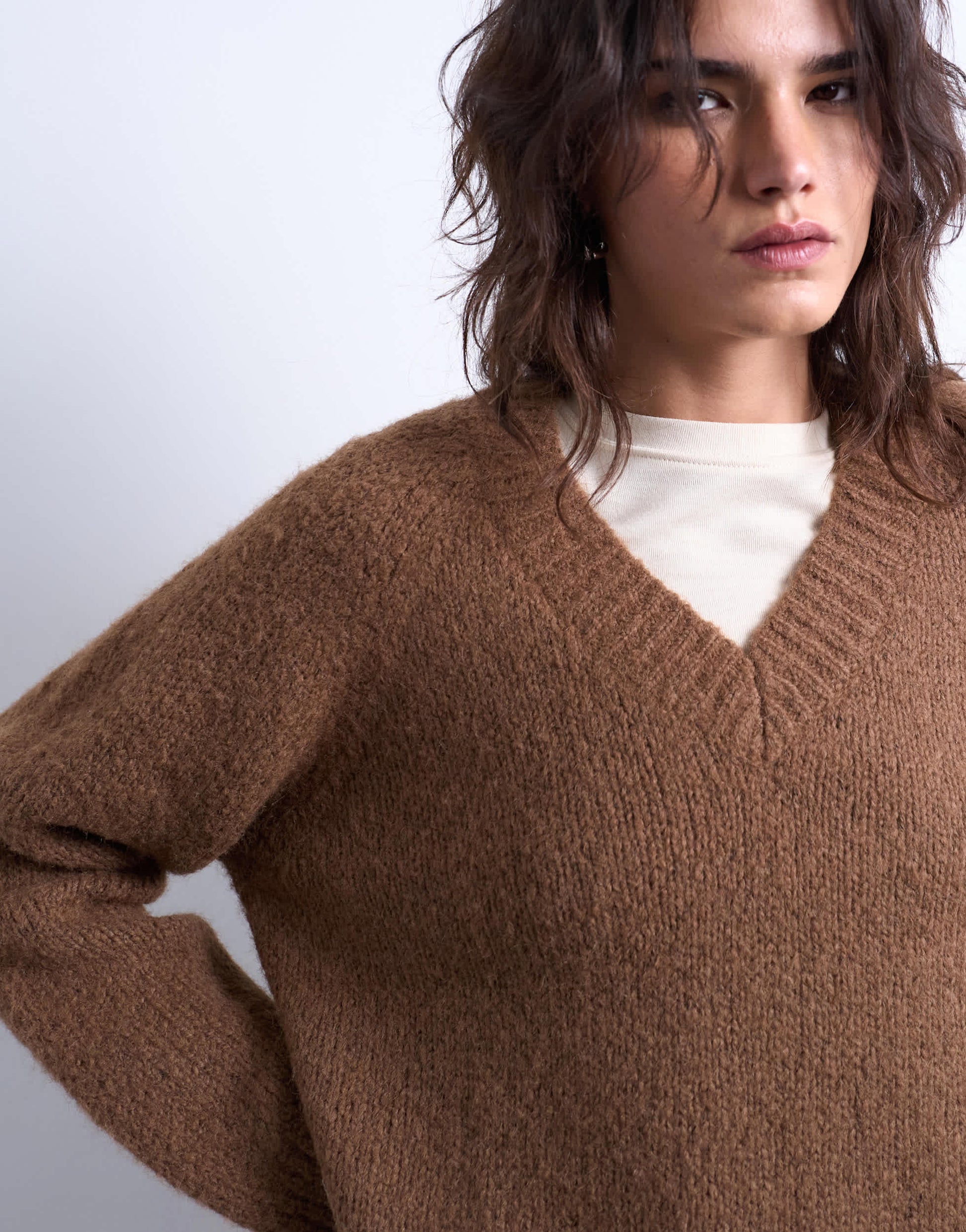 Topshop knitted wool blend fluffy v neck jumper in brown