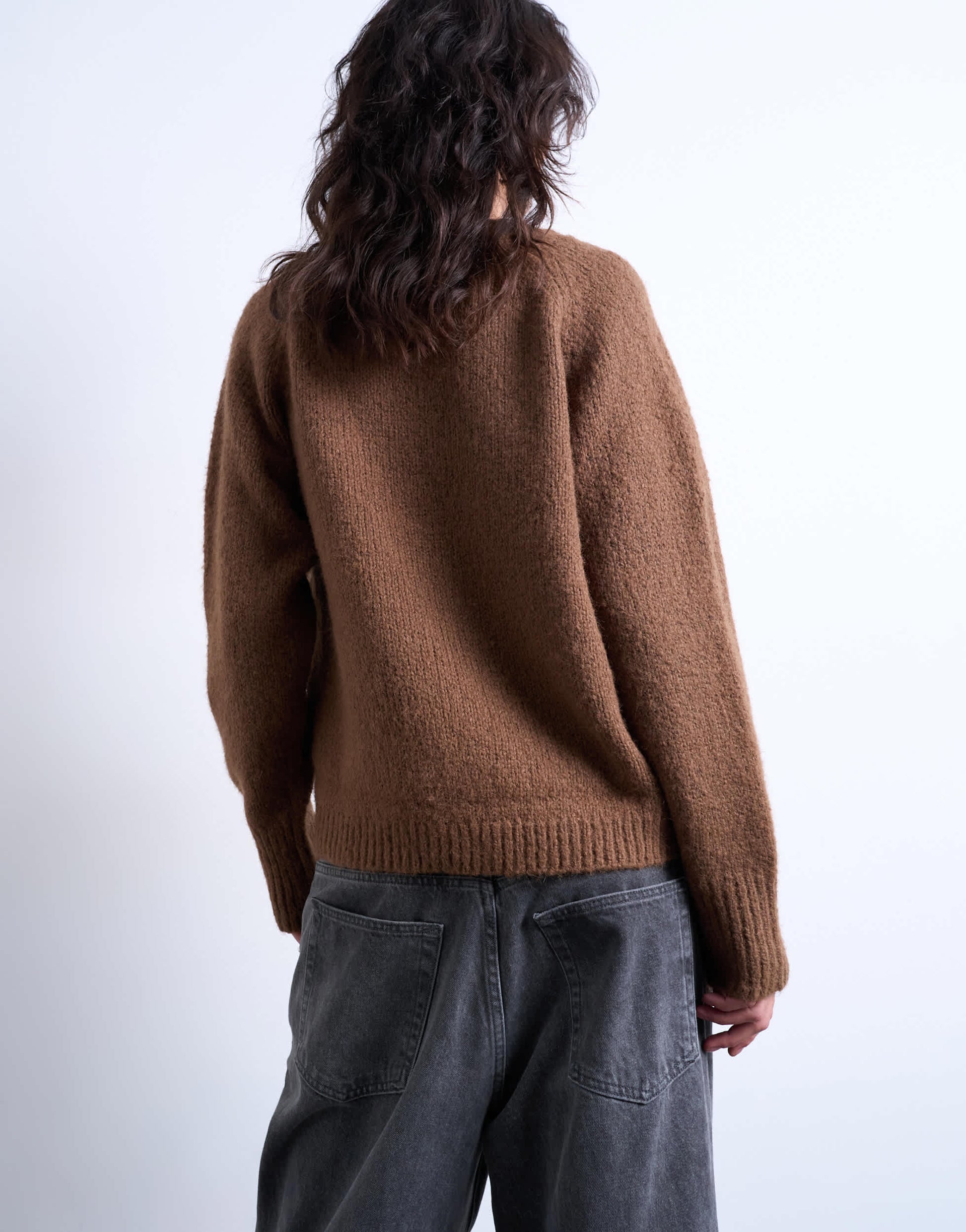 Topshop knitted wool blend fluffy v neck jumper in brown