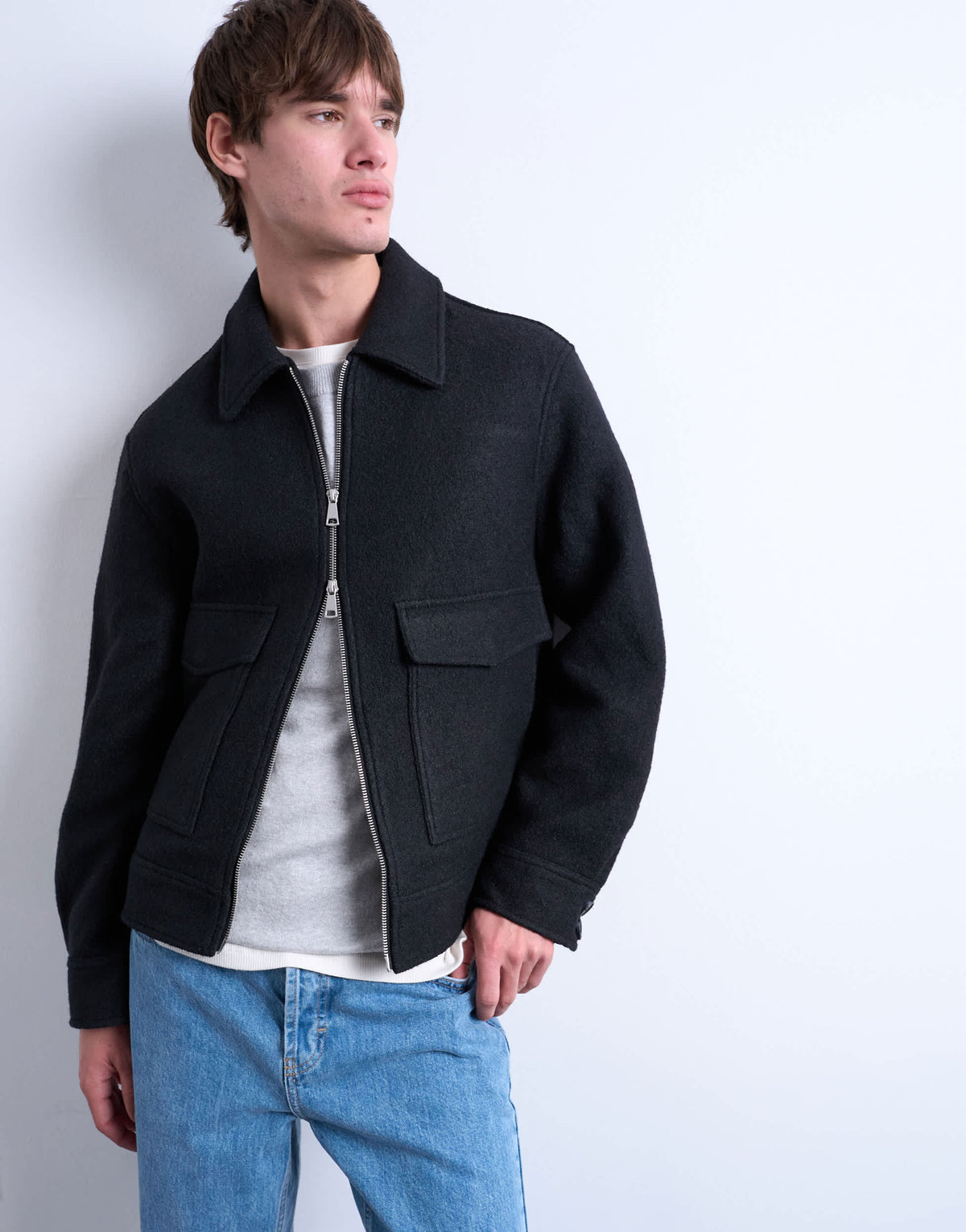 Topman wool blend zip through shacket in dark grey