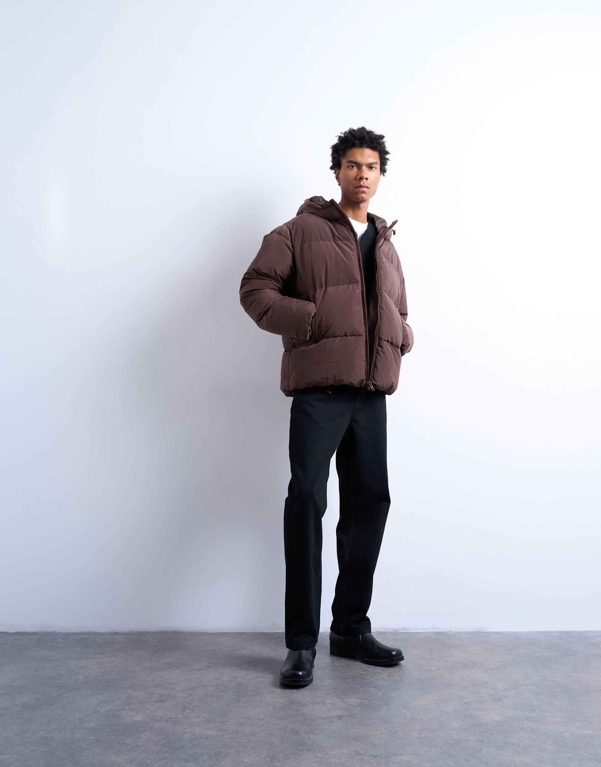 Topman textured puffer jacket in dark brown