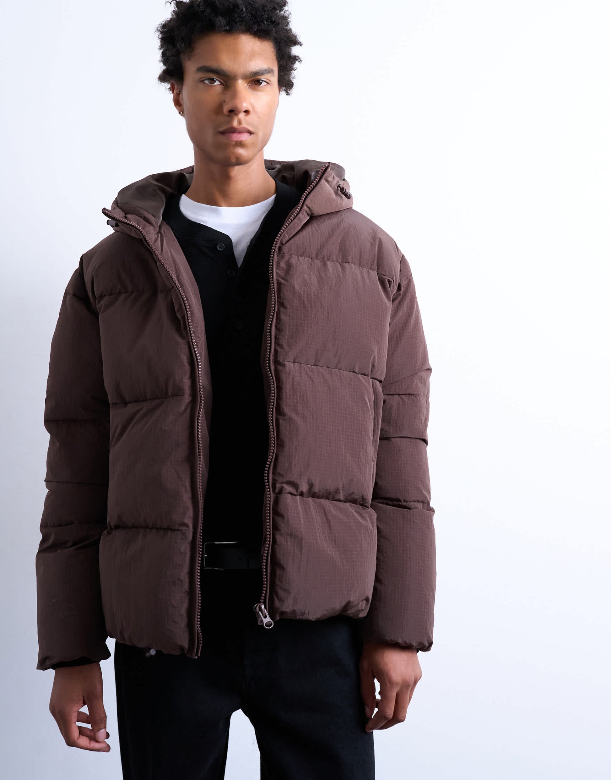 Topman textured puffer jacket in dark brown