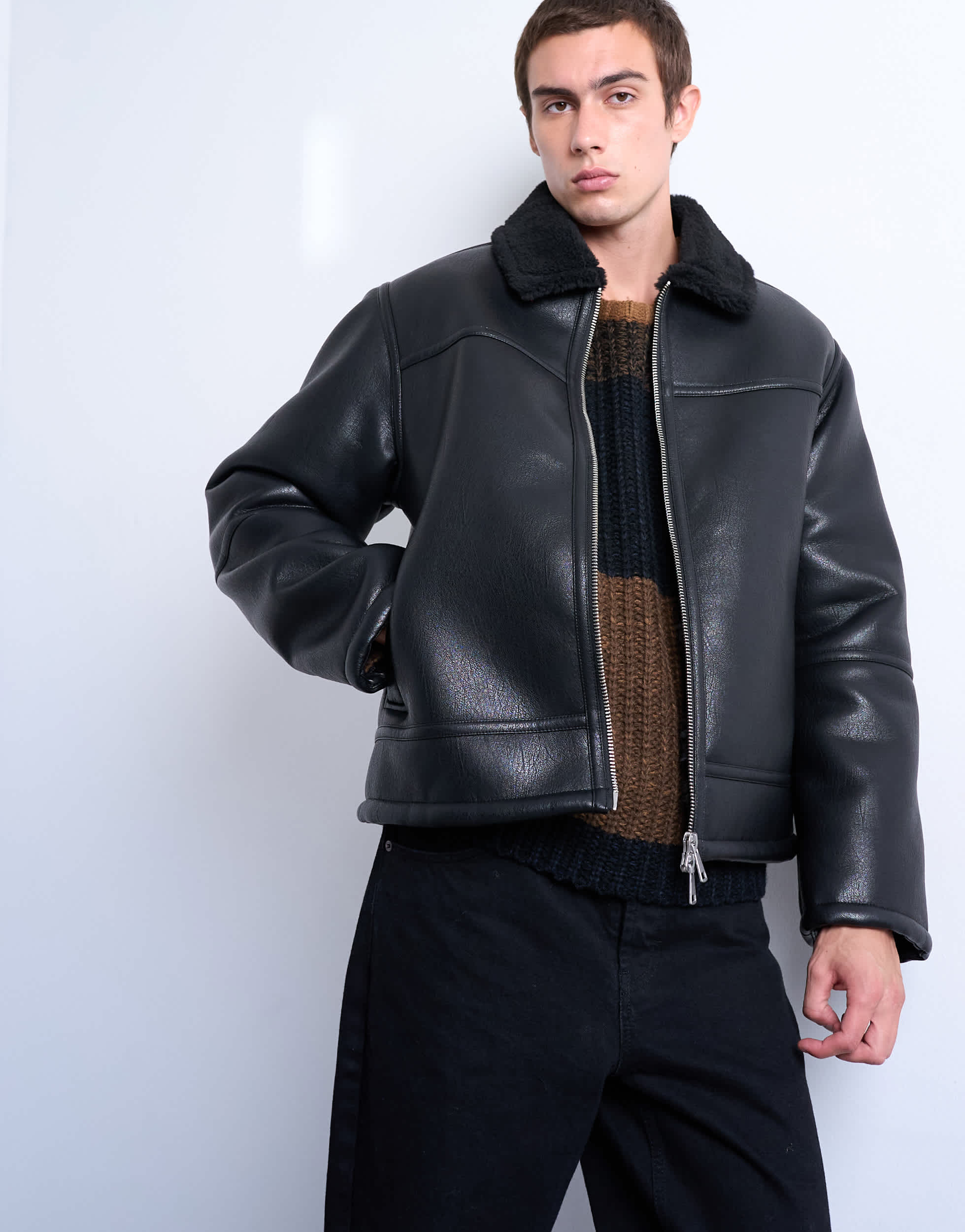 Blouson Topman en fausse fourrure lainée noire avec poches zippées