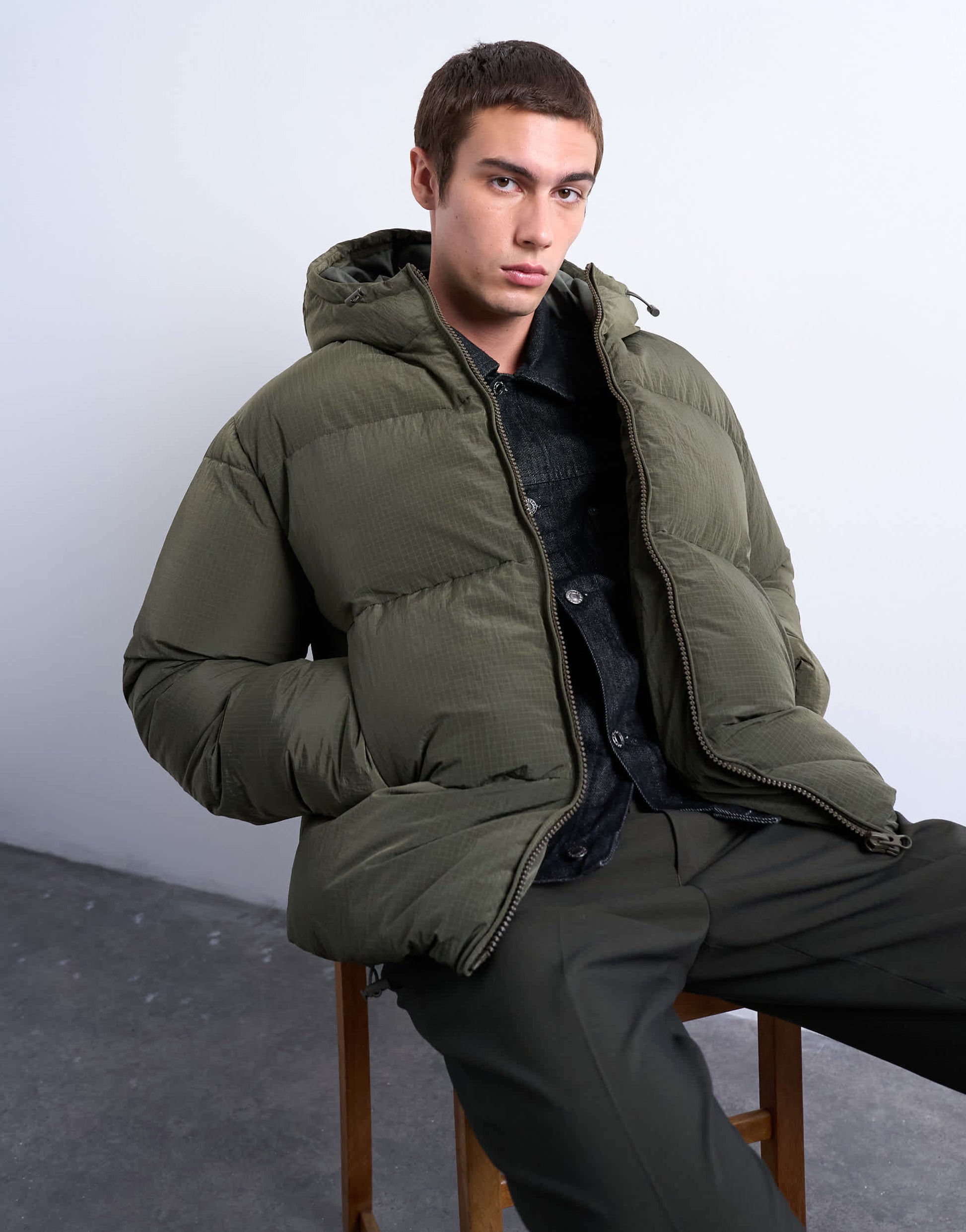 Topman textured puffer jacket in dark khaki