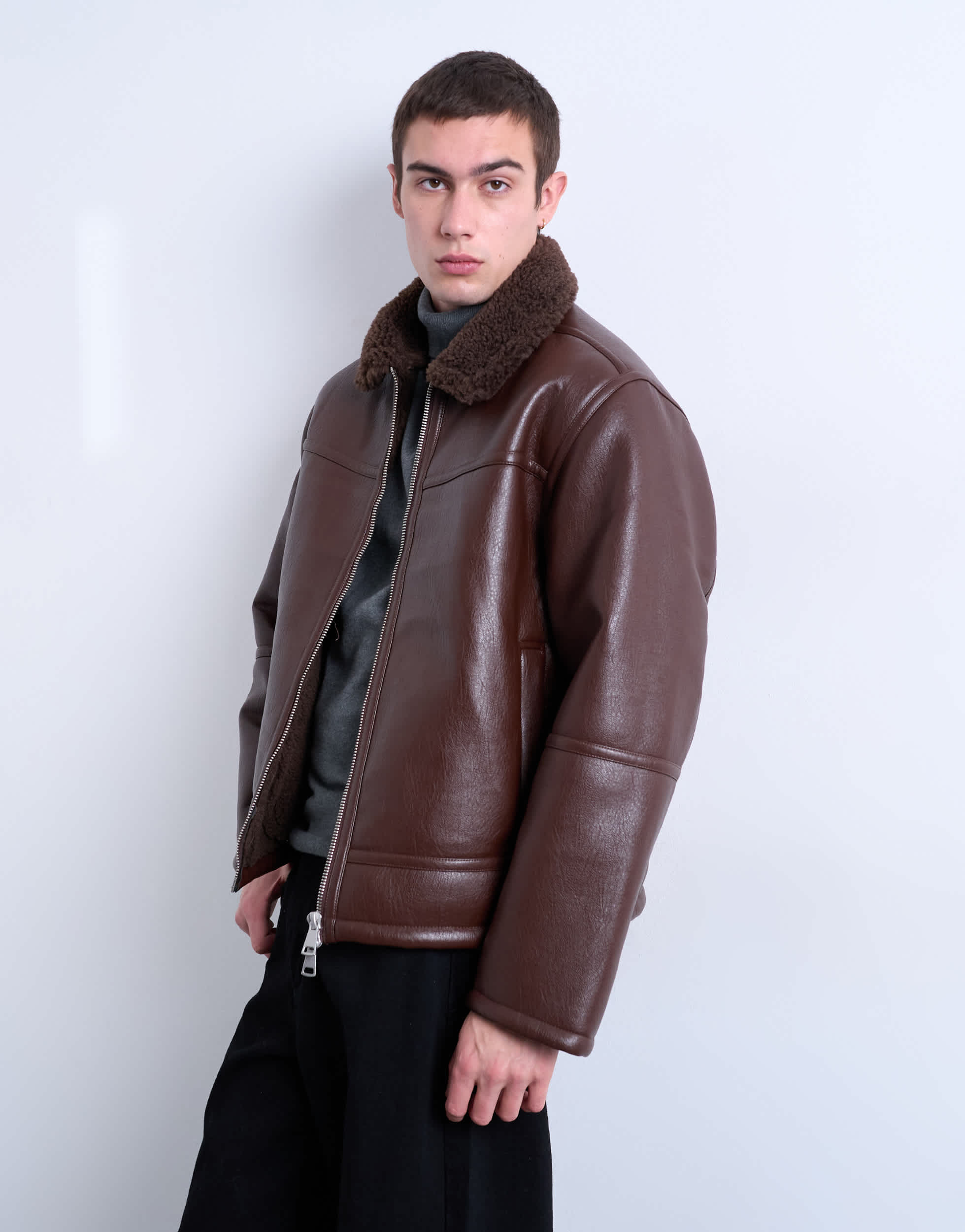 Veste marron en similicuir moutonné Topman avec poches zippées