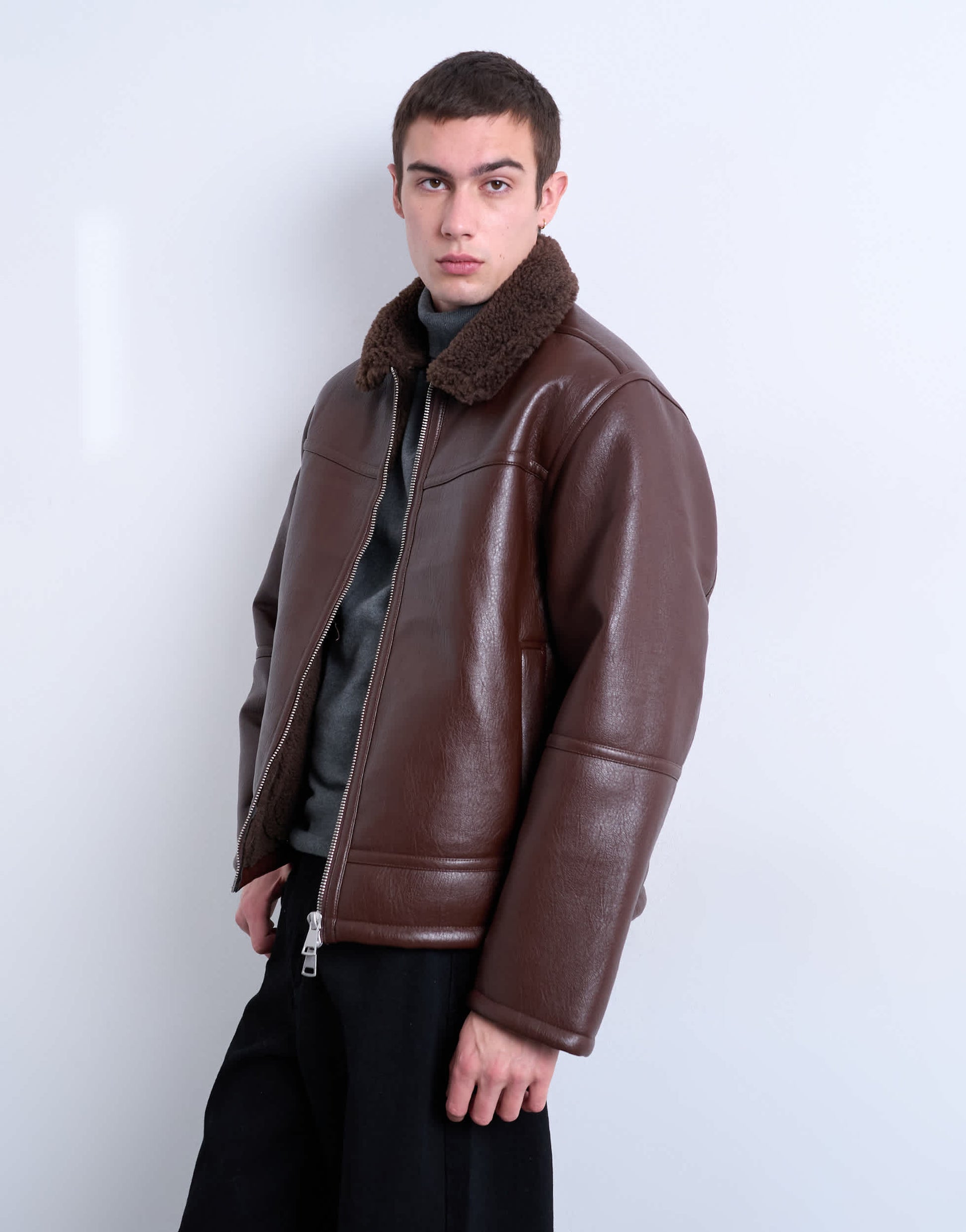 Topman faux shearling jacket with zip pockets in brown