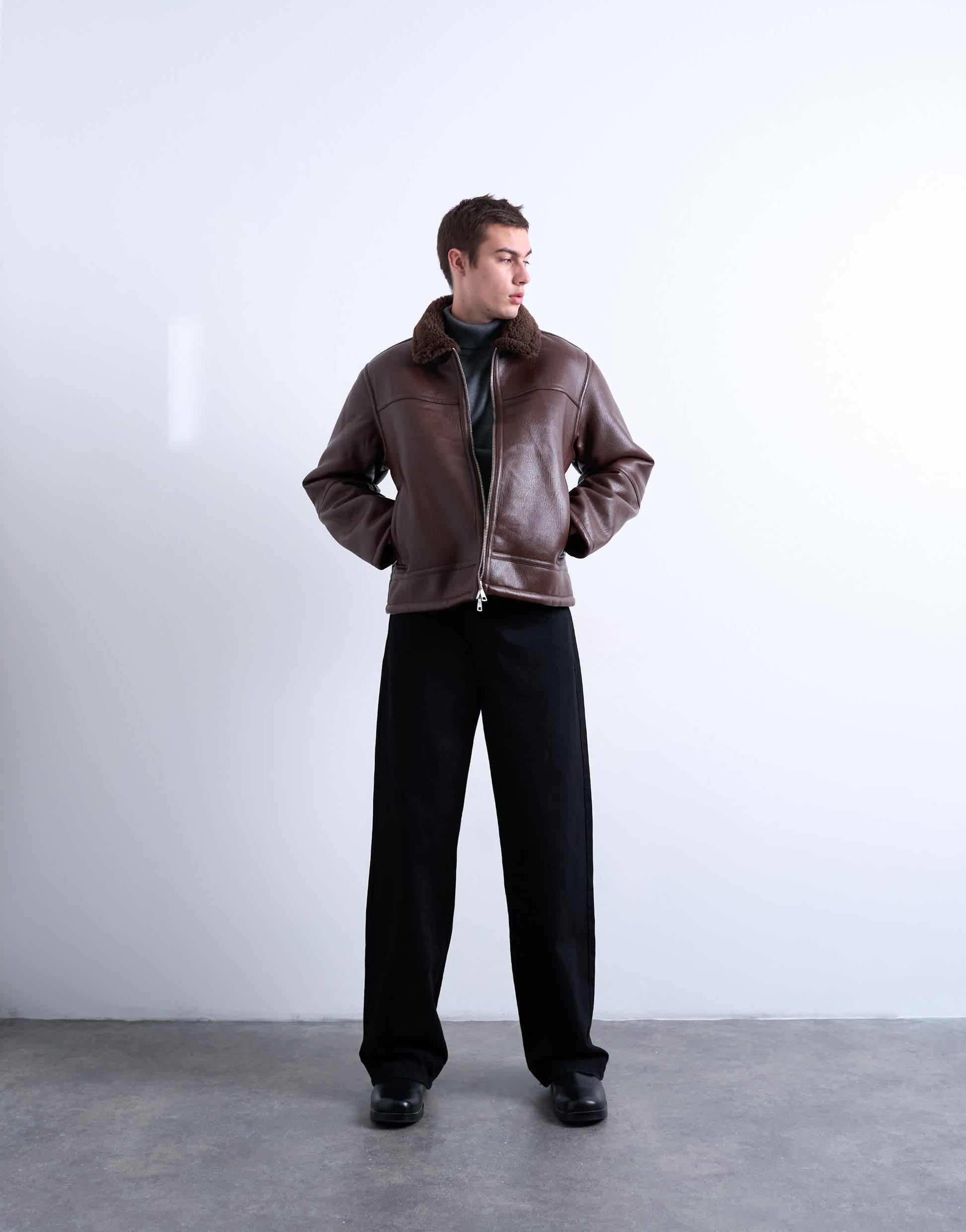 Topman faux shearling jacket with zip pockets in brown