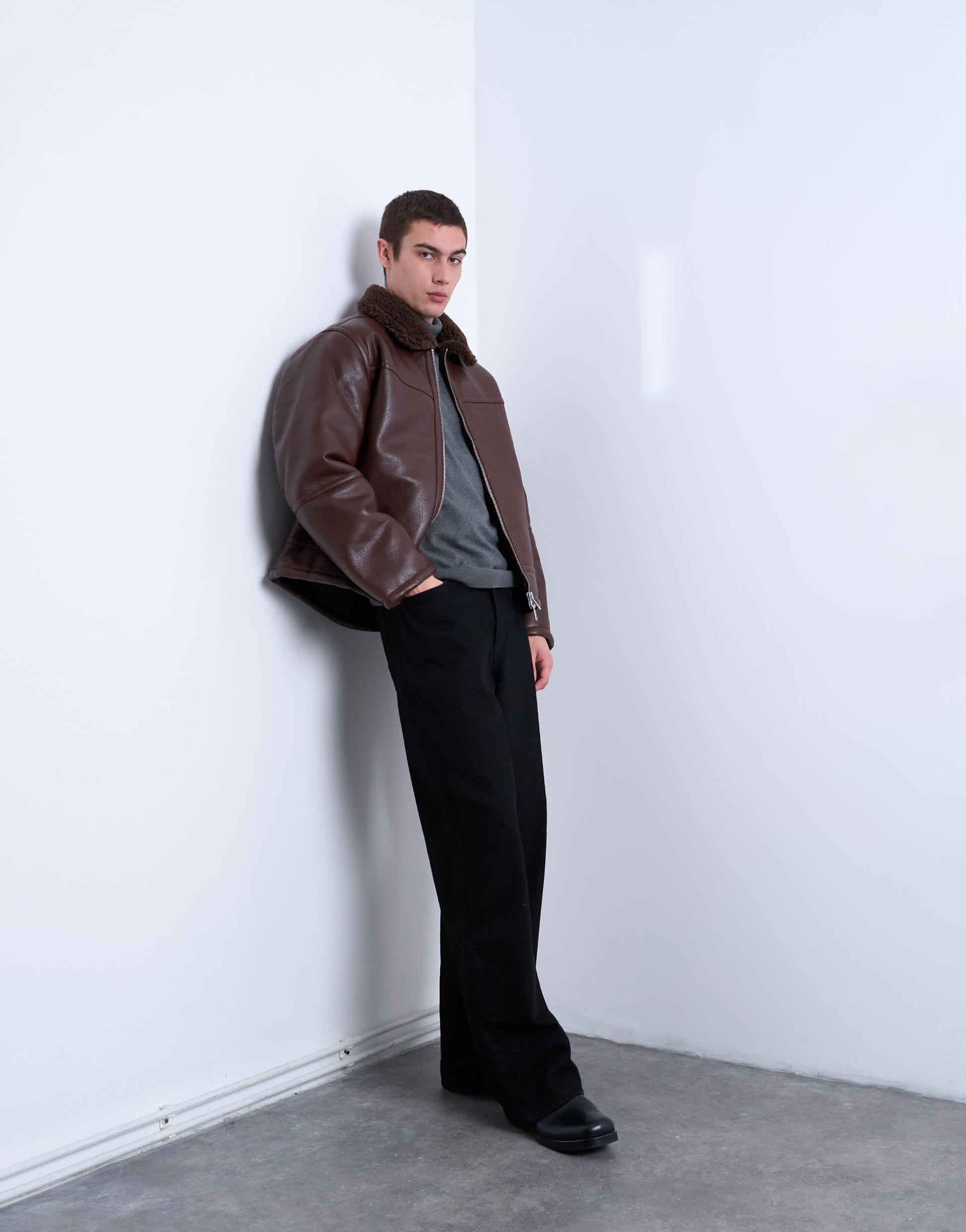 Topman faux shearling jacket with zip pockets in brown