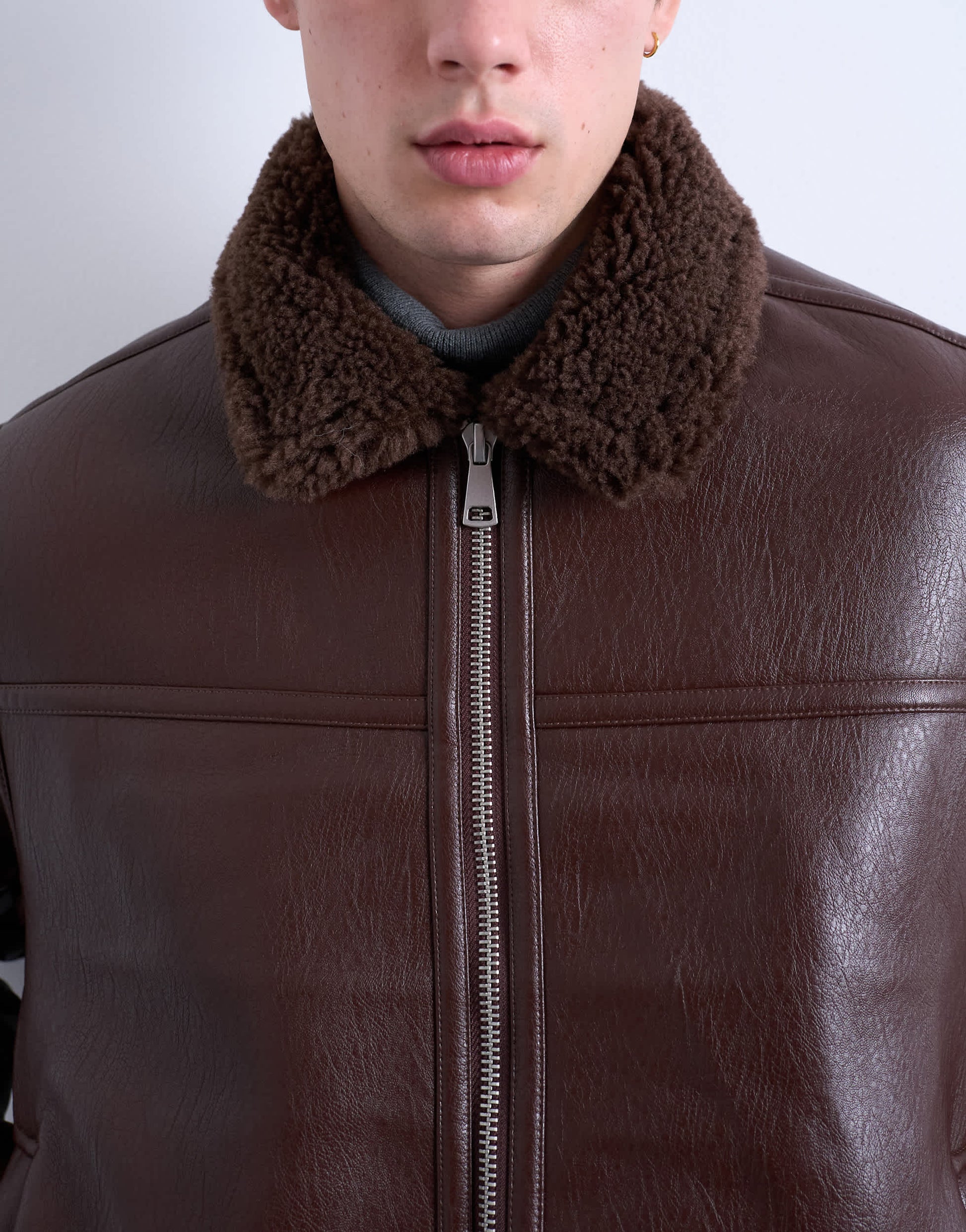 Topman faux shearling jacket with zip pockets in brown