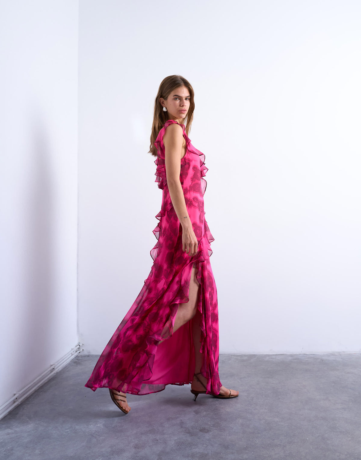 Topshop grown on ruffle sleeve occasion maxi dress in blurred pink floral