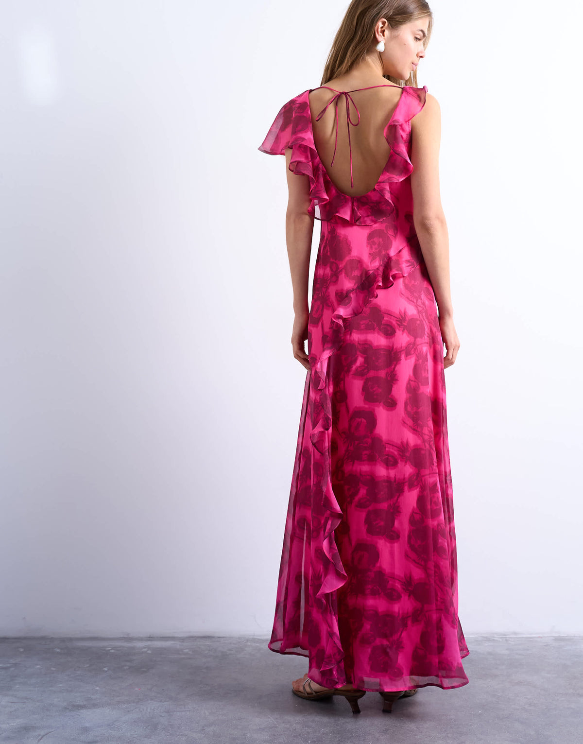 Topshop grown on ruffle sleeve occasion maxi dress in blurred pink floral