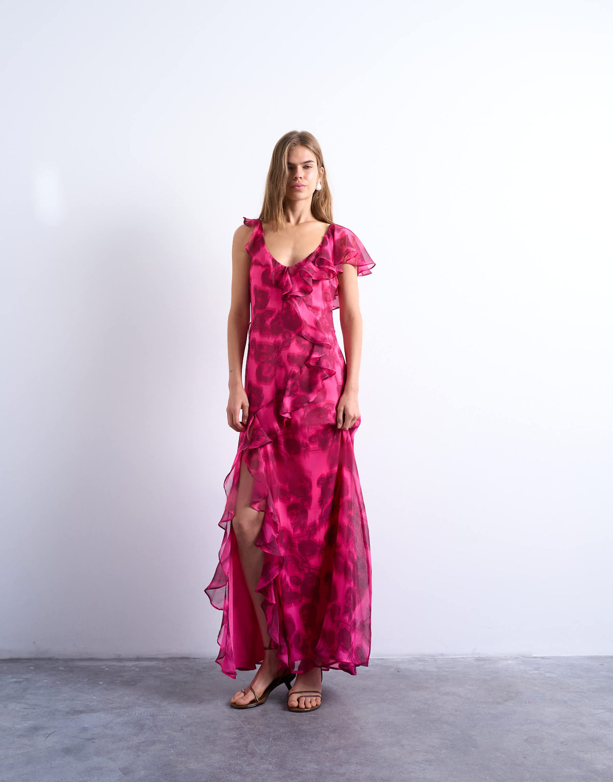 Topshop grown on ruffle sleeve occasion maxi dress in blurred pink floral