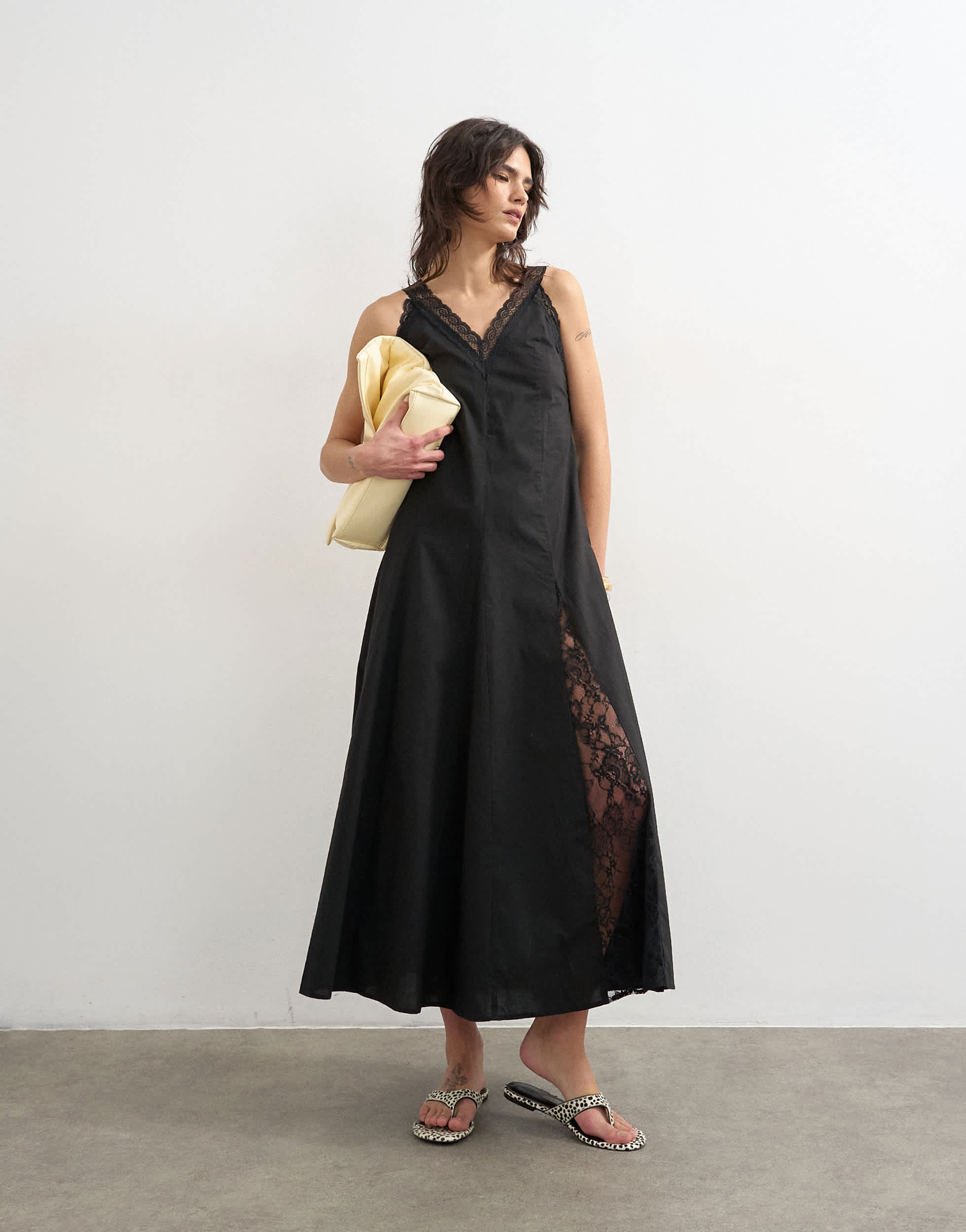 Topshop poplin lace godet midi dress in black