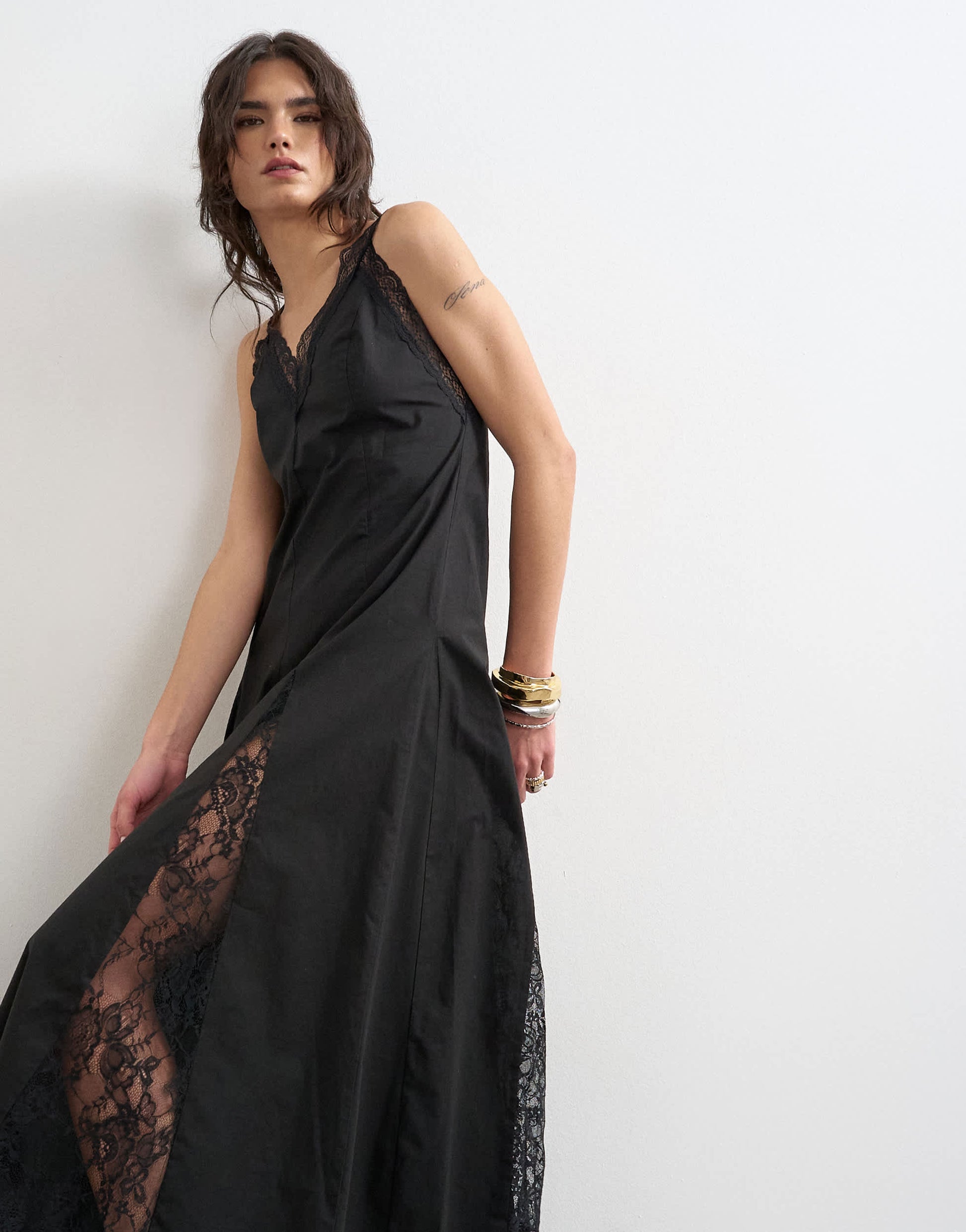 Topshop poplin lace godet midi dress in black