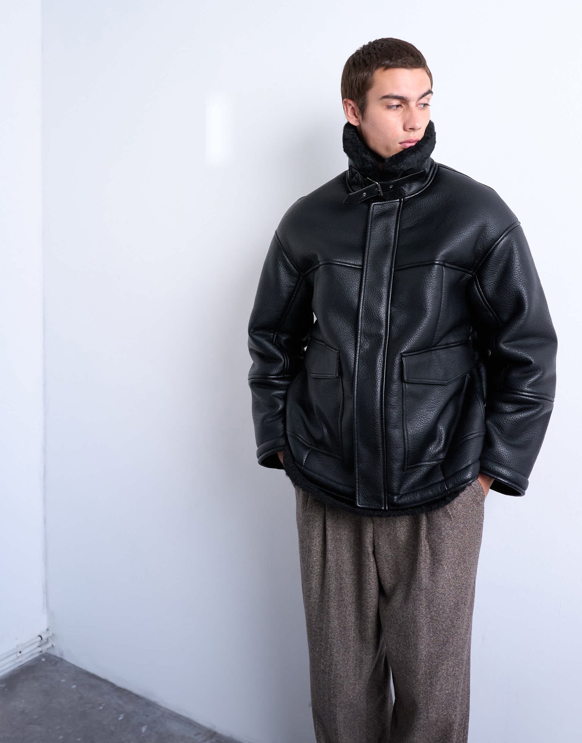 Topman faux shearling jacket with patch pockets in black