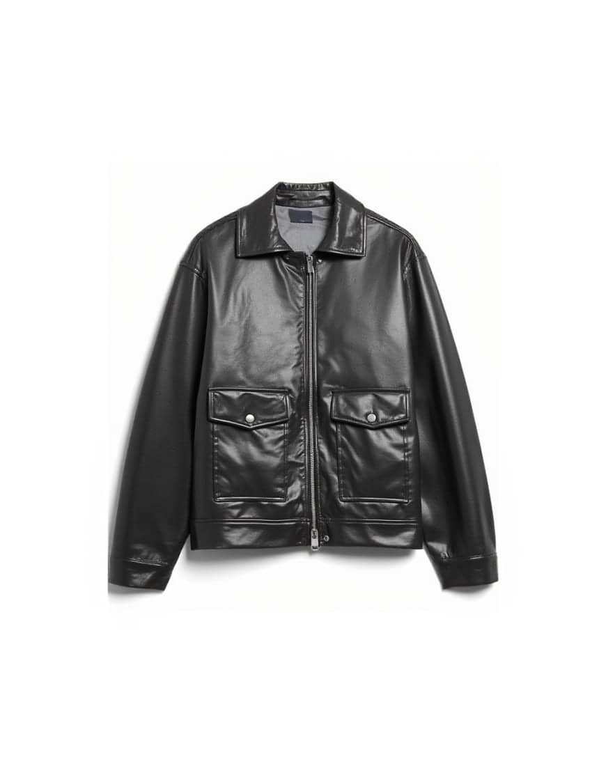 Topshop faux leather shiny mottled patch pocket shacket in black