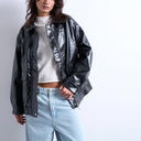 Topshop faux leather shiny mottled patch pocket shacket in black