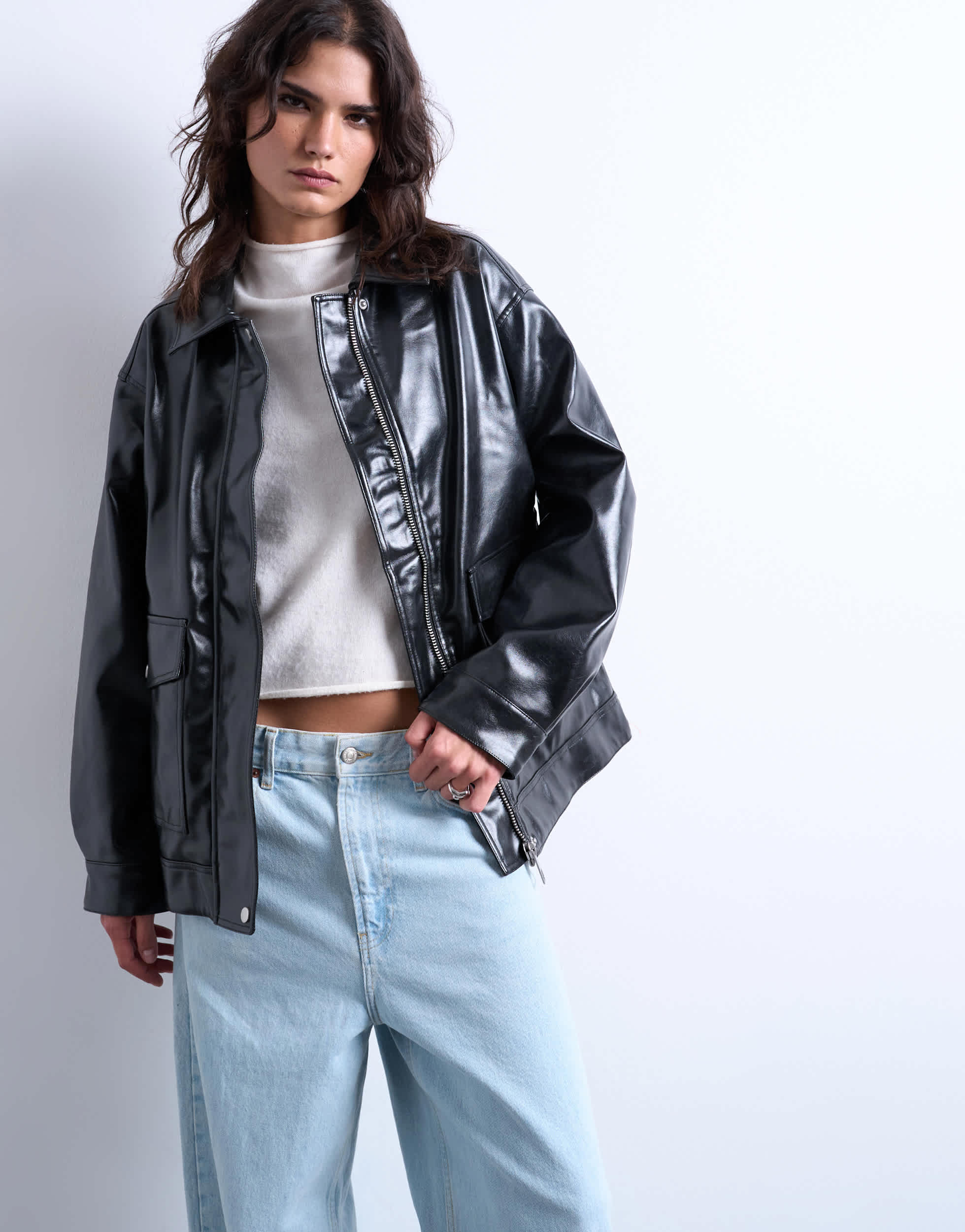 Topshop faux leather shiny mottled patch pocket shacket in black