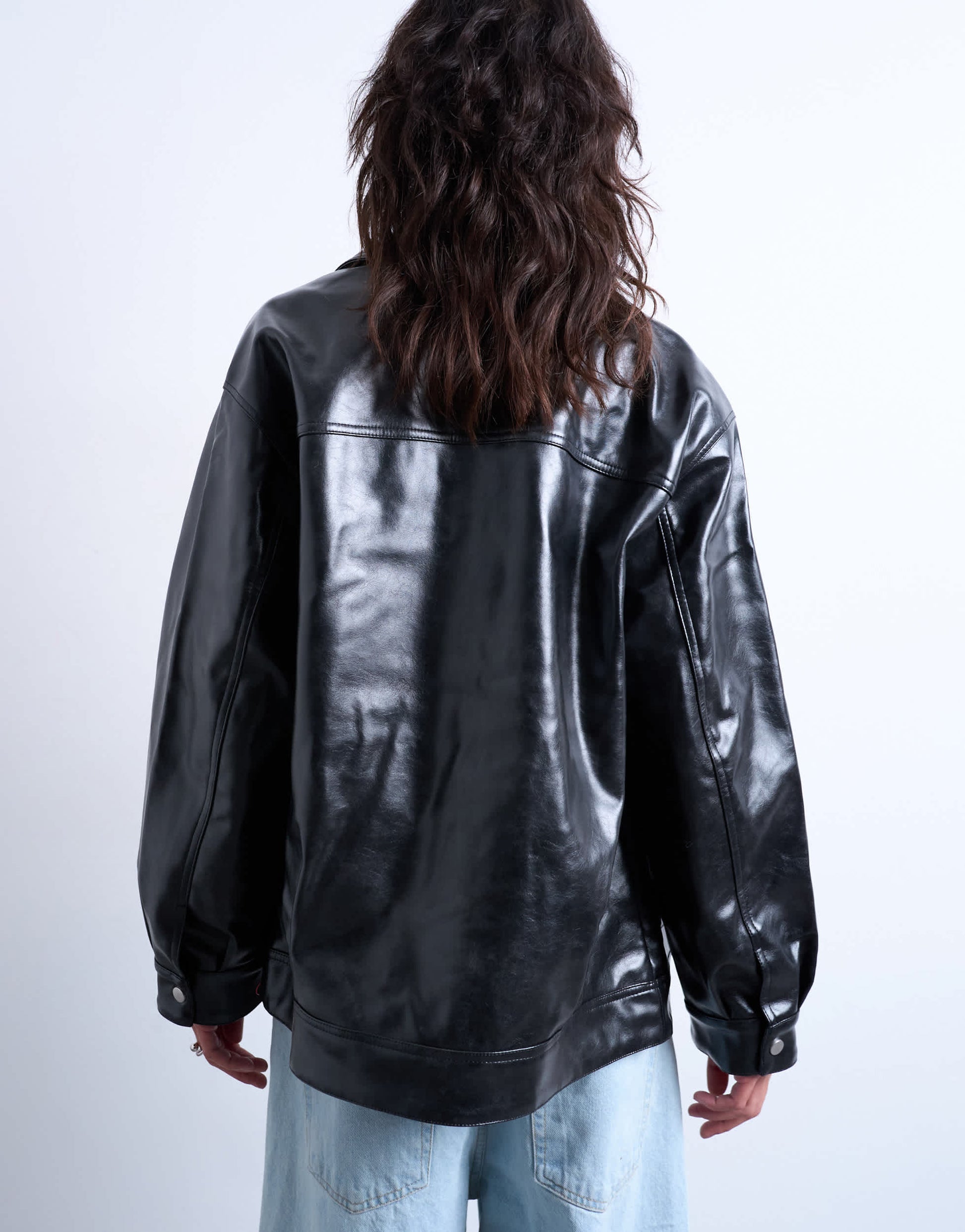 Topshop faux leather shiny mottled patch pocket shacket in black